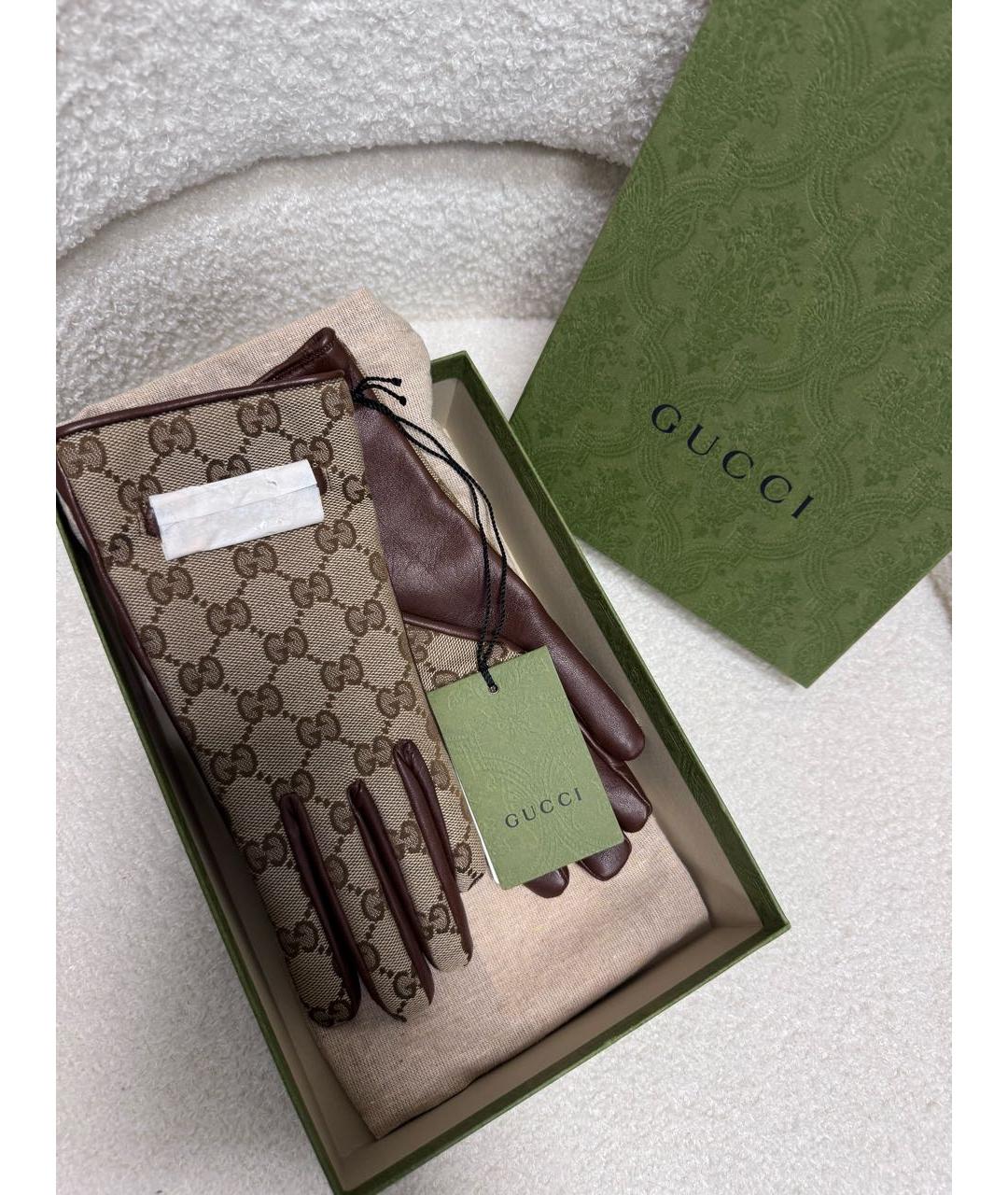 GUCCI Коричневые кожаные перчатки, фото 2