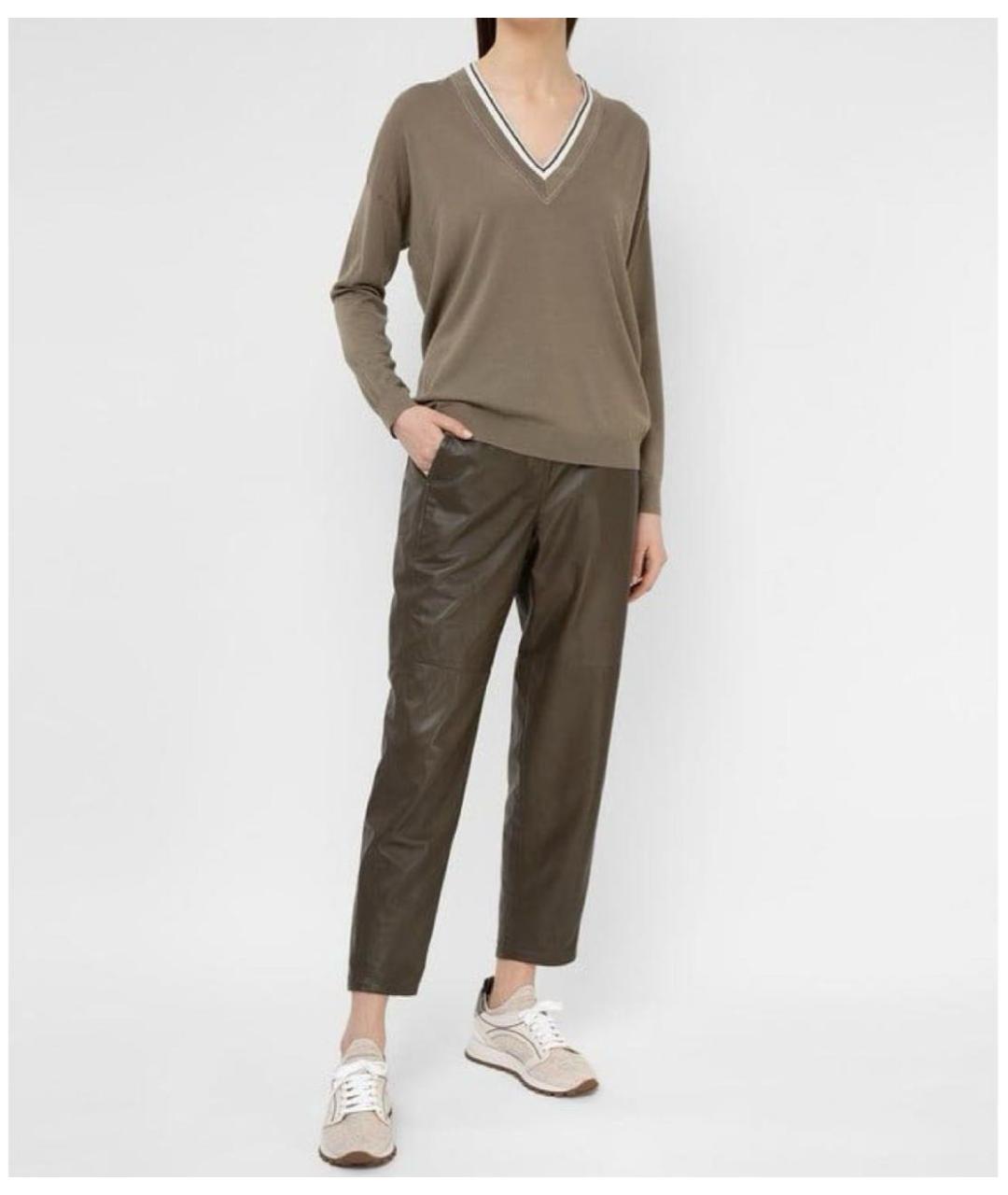 BRUNELLO CUCINELLI Хаки кожаные прямые брюки, фото 5