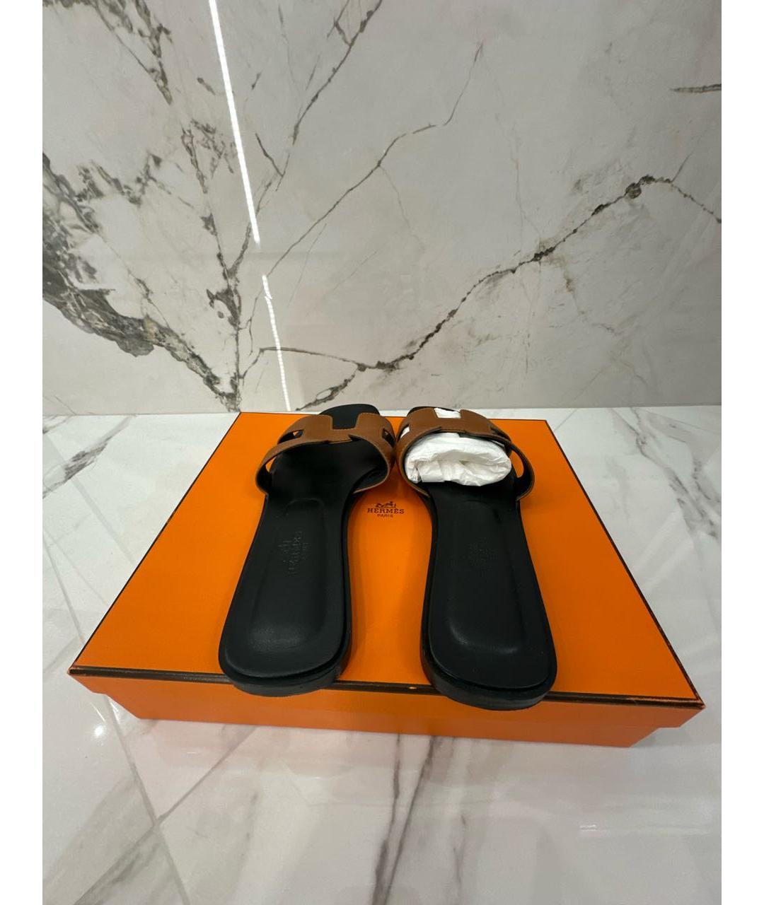 HERMES Коричневые кожаные шлепанцы, фото 4