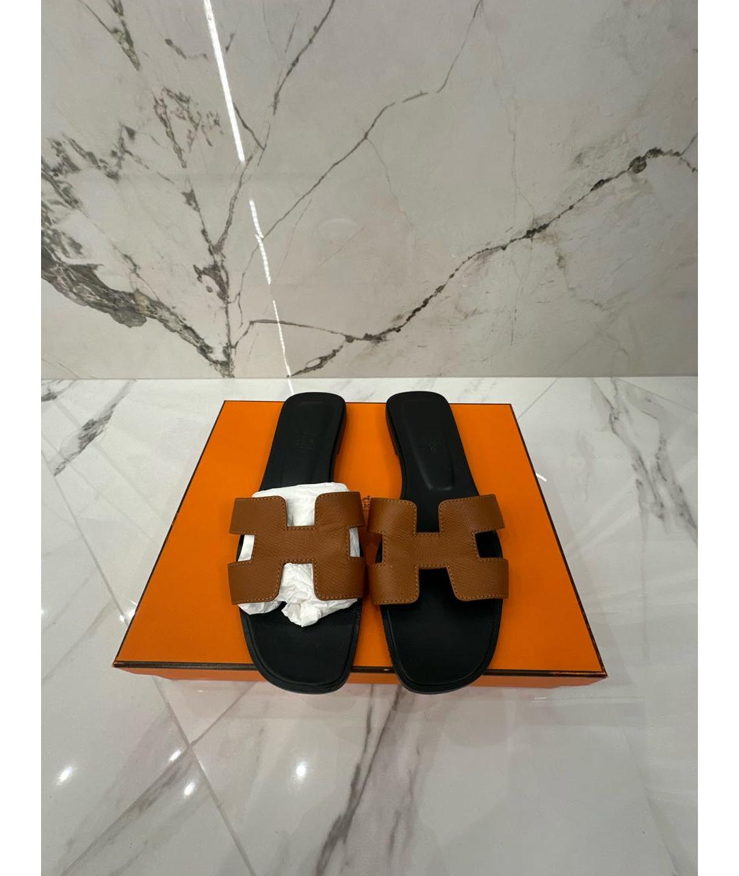 HERMES Коричневые кожаные шлепанцы, фото 2