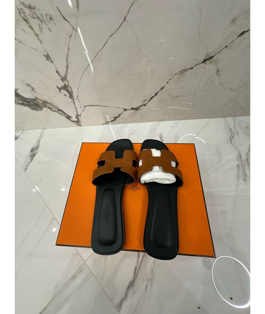 HERMES Коричневые кожаные шлепанцы, фото 3