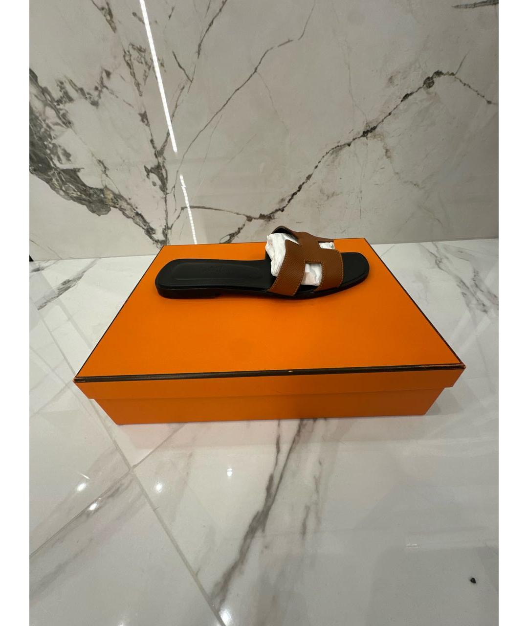 HERMES Коричневые кожаные шлепанцы, фото 5