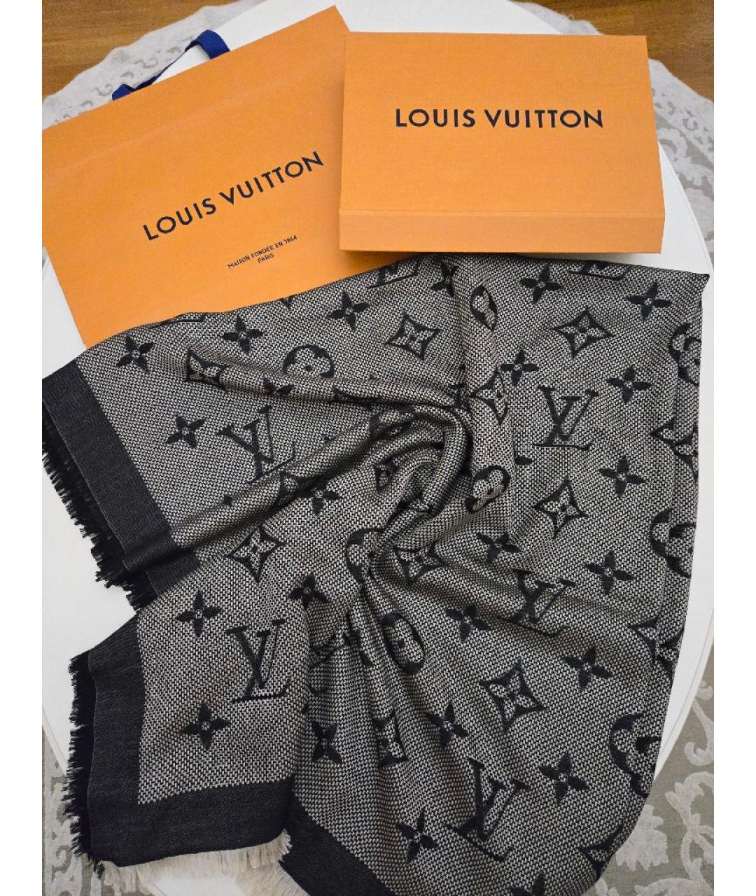 LOUIS VUITTON Антрацитовый шерстяной платок, фото 4