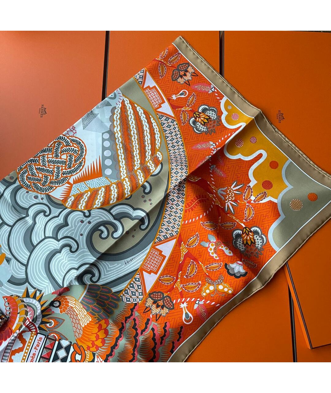 HERMES Коралловый шелковый шарф, фото 7