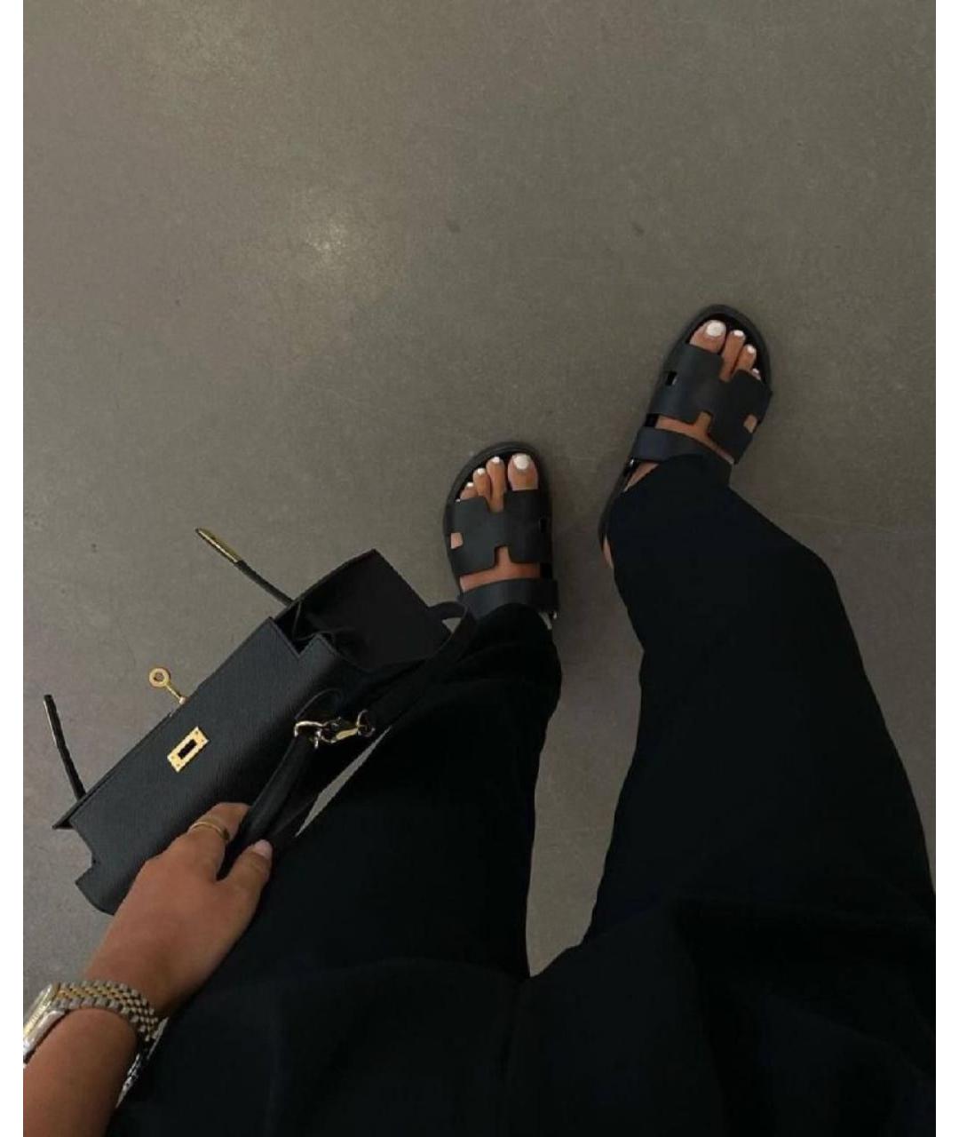 HERMES Черные кожаные шлепанцы, фото 3