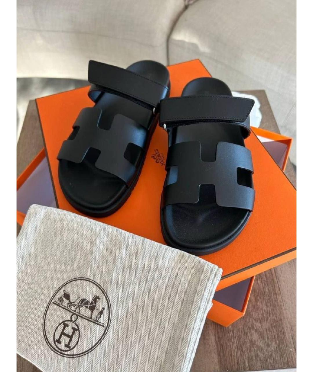 HERMES Черные кожаные шлепанцы, фото 2
