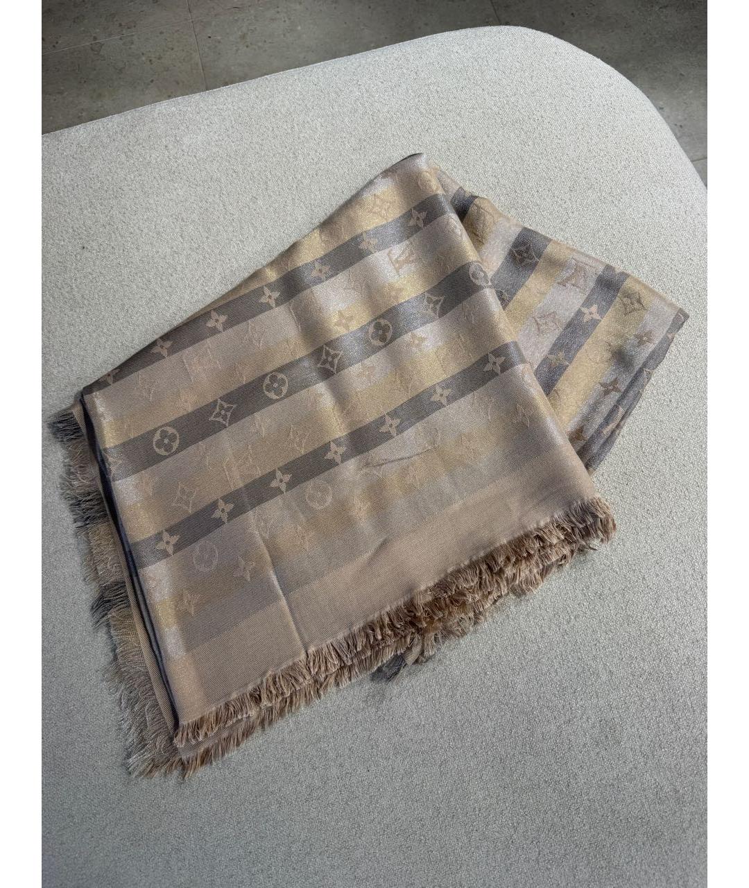 LOUIS VUITTON Бежевый шелковый шарф, фото 3