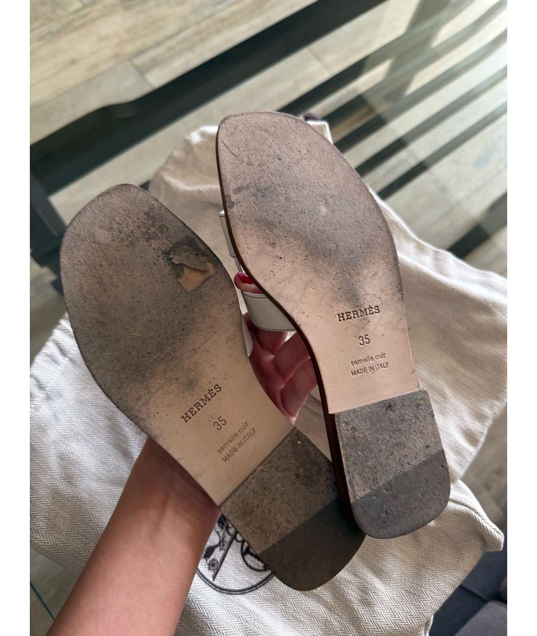 HERMES Белые кожаные шлепанцы, фото 8