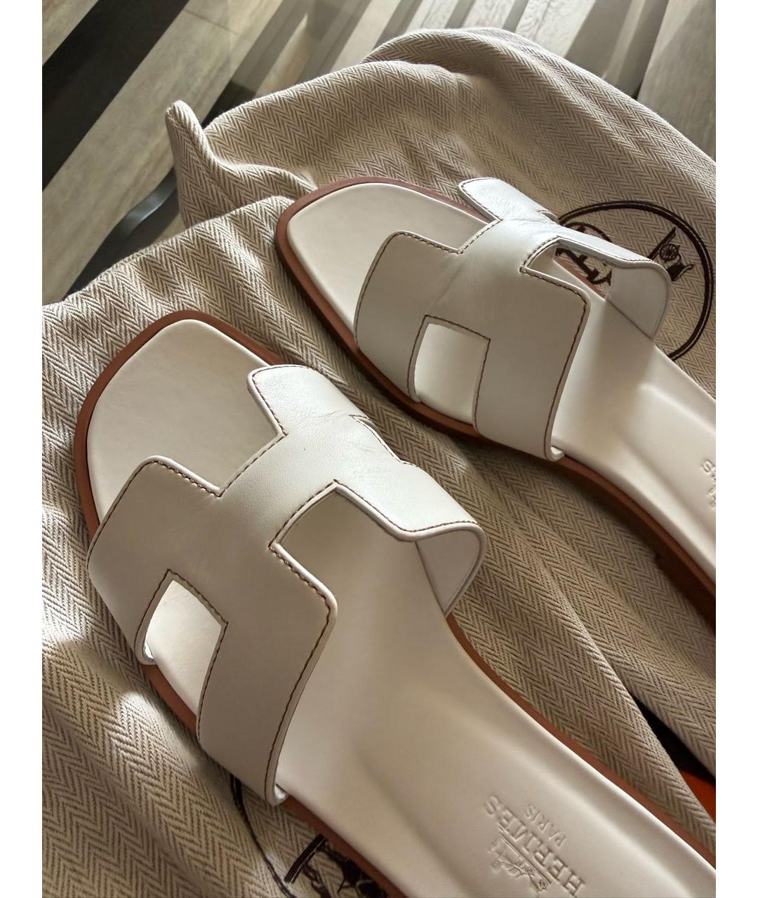 HERMES Белые кожаные шлепанцы, фото 3