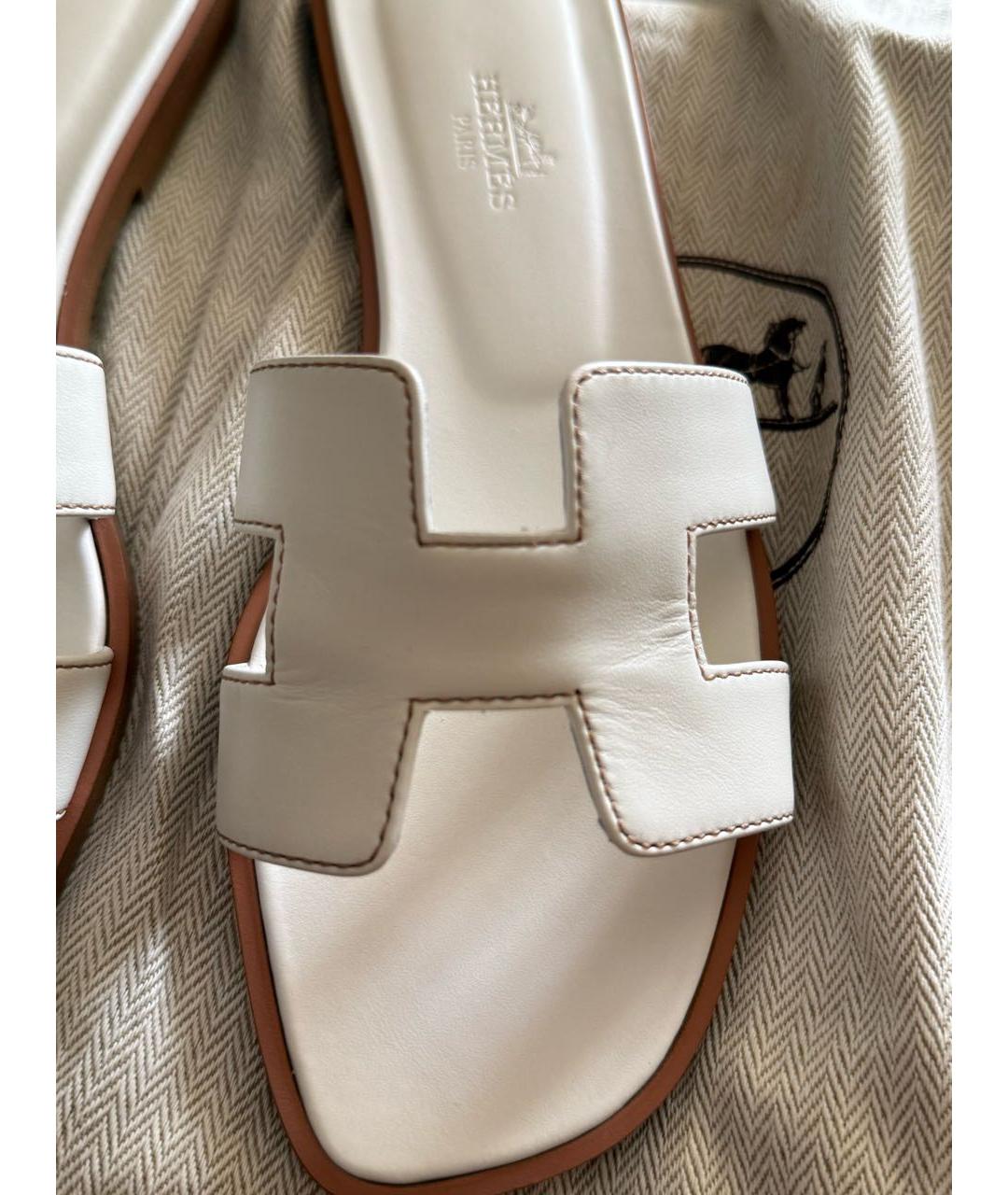 HERMES Белые кожаные шлепанцы, фото 5