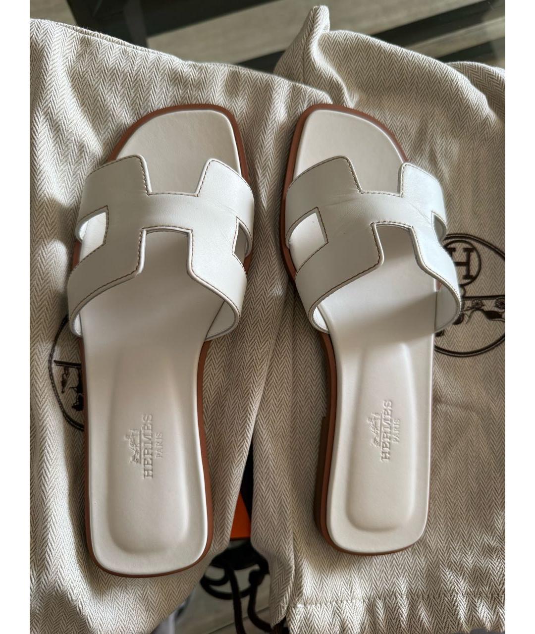 HERMES Белые кожаные шлепанцы, фото 2