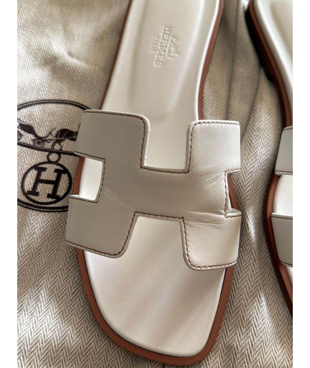 HERMES Белые кожаные шлепанцы, фото 6