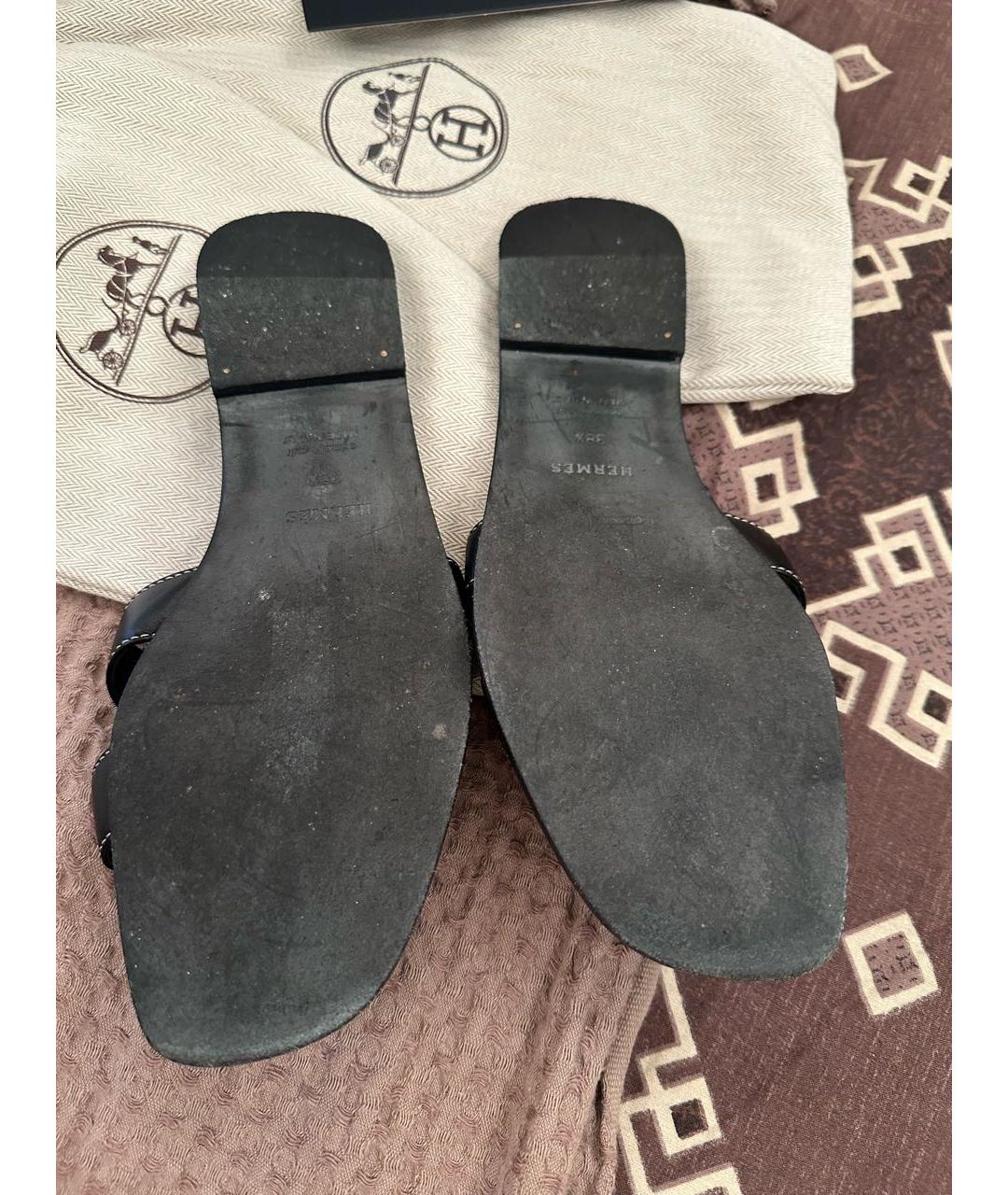 HERMES Черные кожаные шлепанцы, фото 4