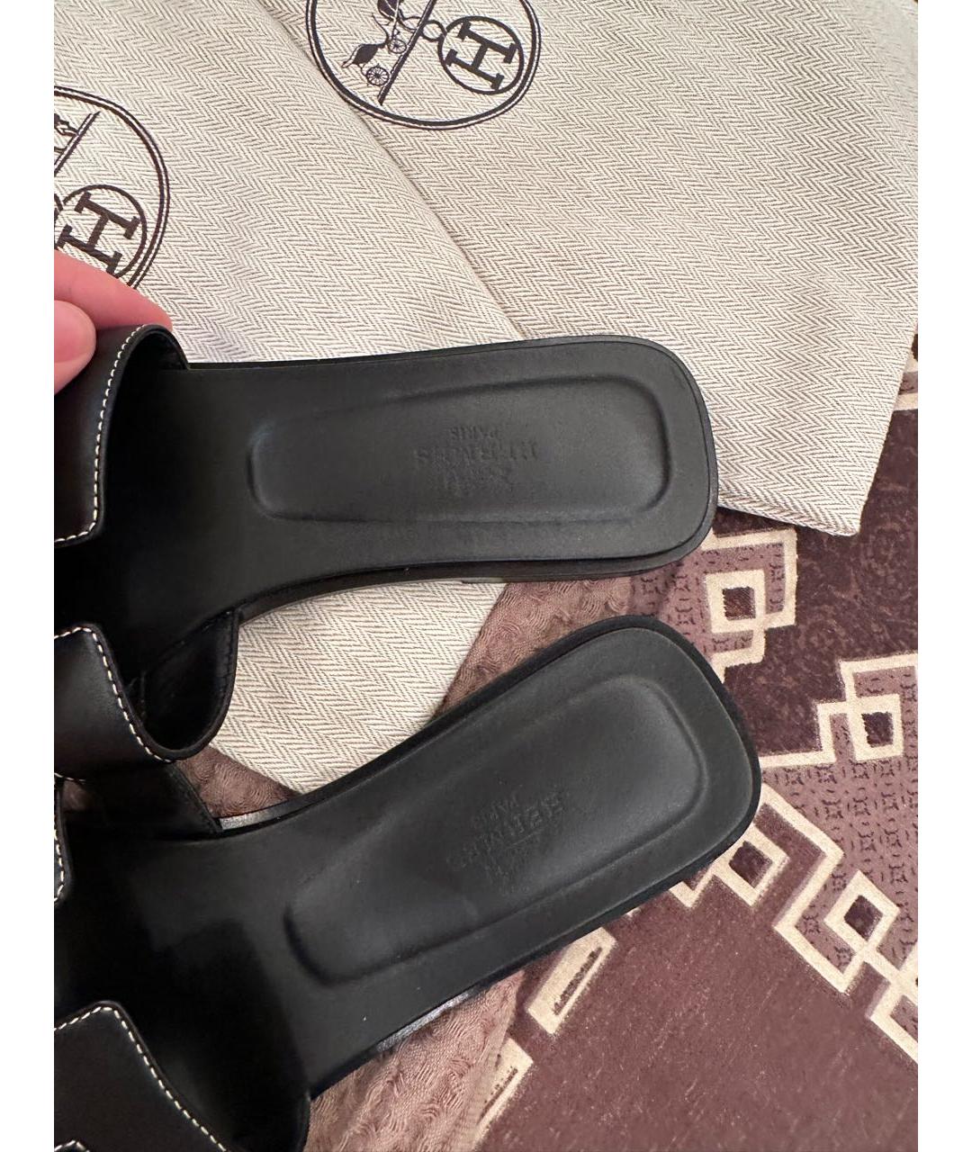 HERMES Черные кожаные шлепанцы, фото 2