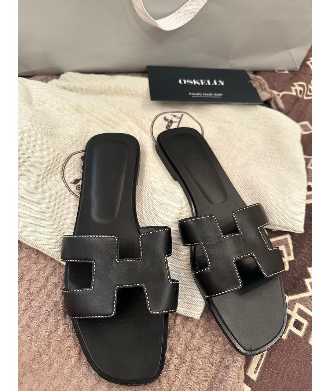 HERMES Черные кожаные шлепанцы, фото 7