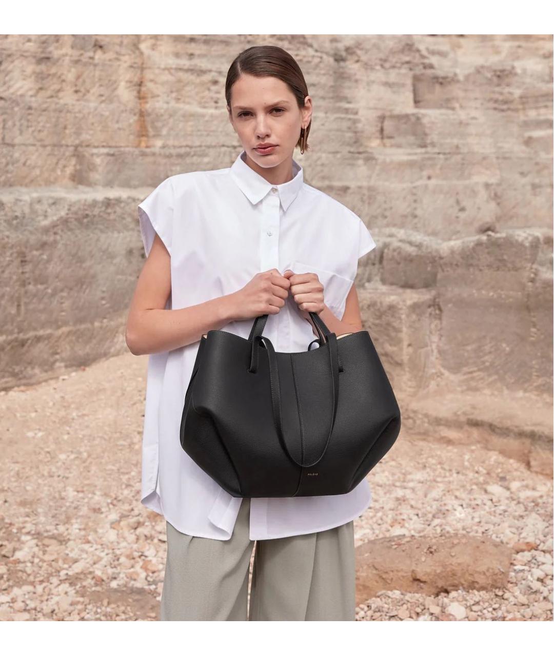 POLENE Черная кожаная сумка тоут, фото 4