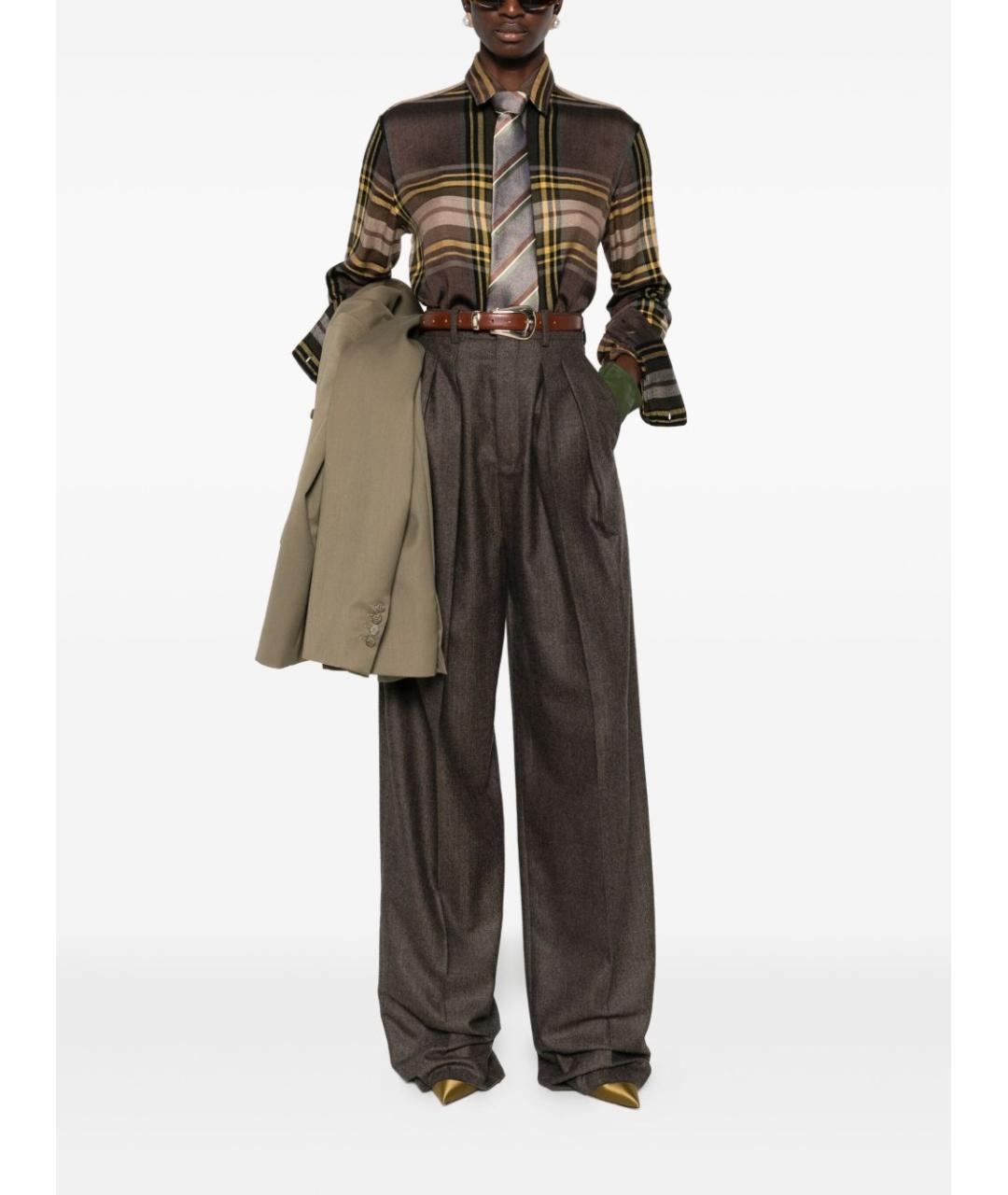 SAINT LAURENT Коричневые шерстяные прямые брюки, фото 3