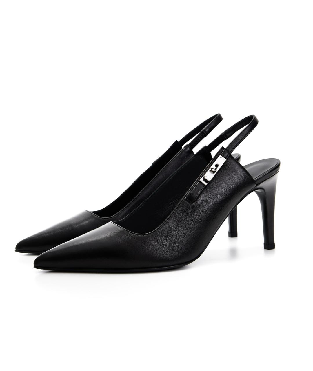 HERMES Черные кожаные лодочки на низком каблуке, фото 5