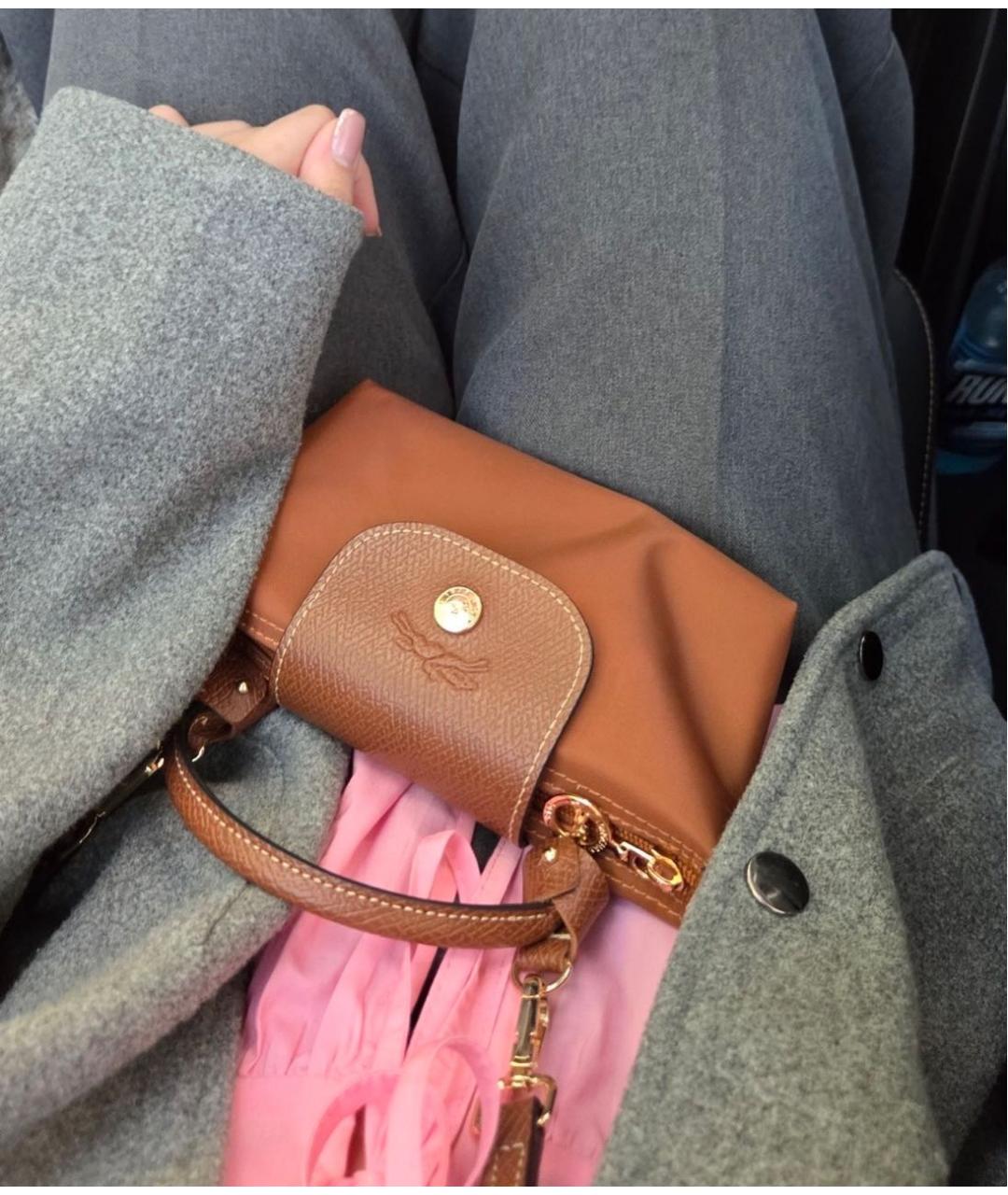 LONGCHAMP Коричневая тканевая сумка с короткими ручками, фото 3