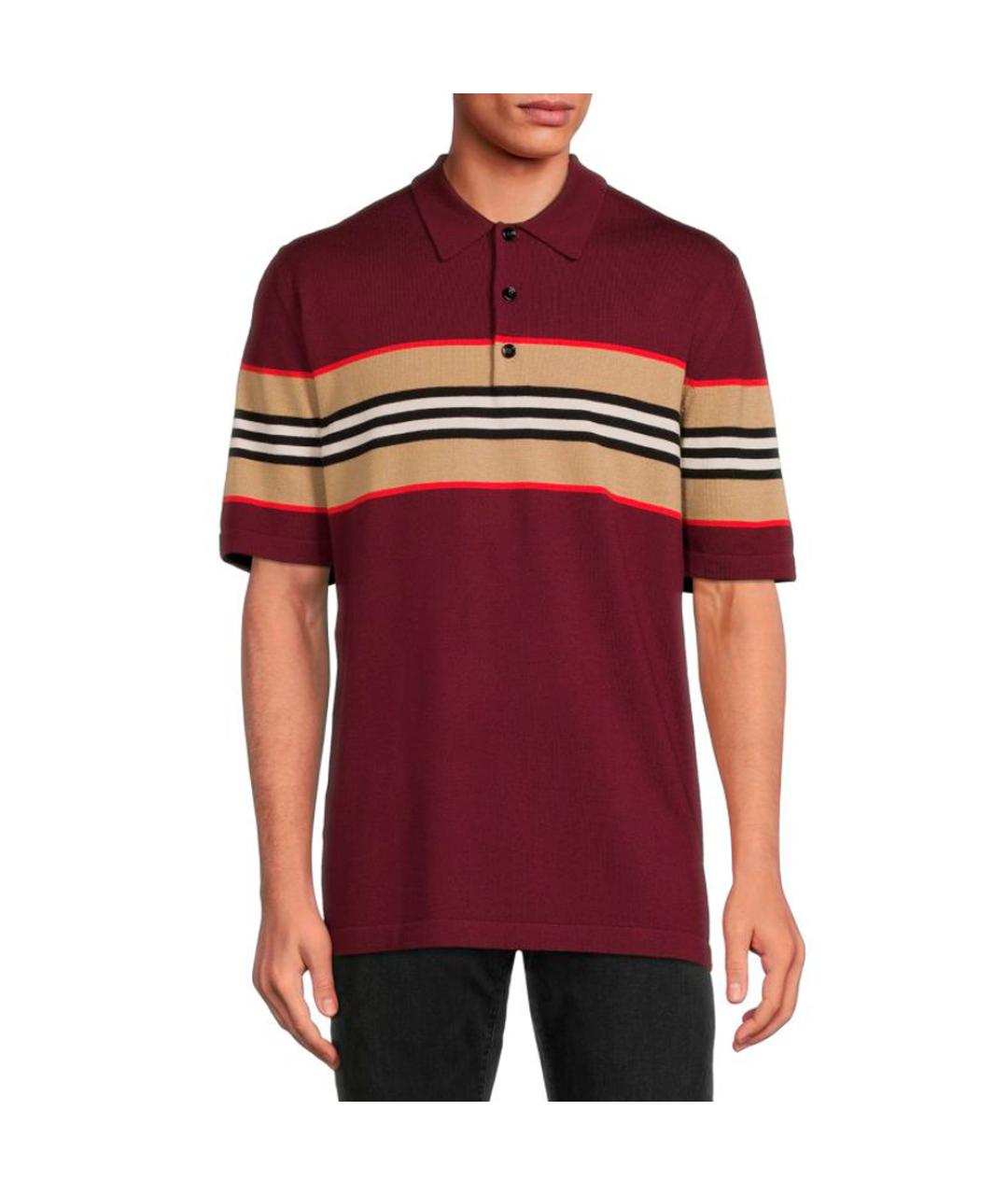 BURBERRY Бордовое хлопко-шерстяное поло с коротким рукавом, фото 2