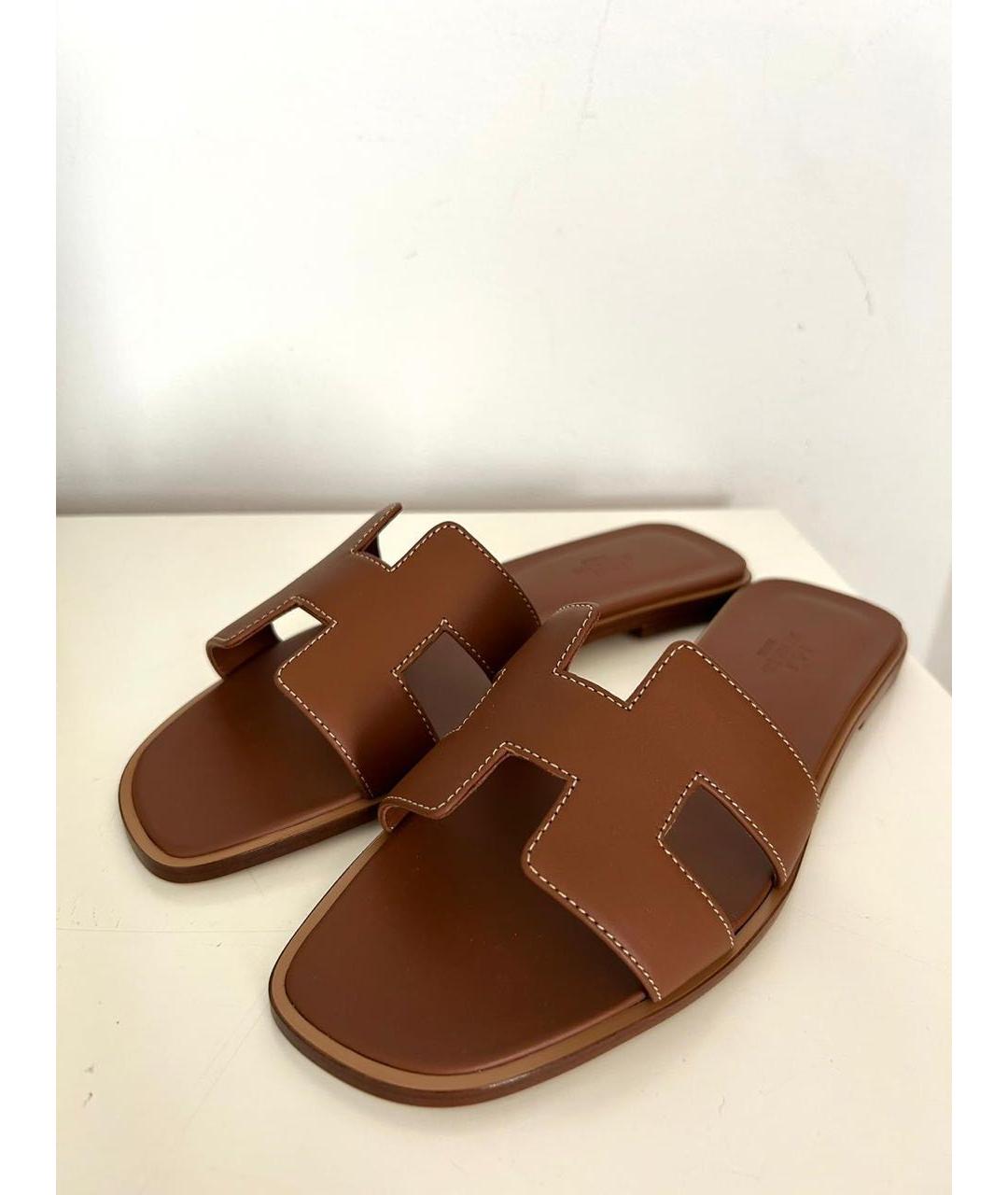 HERMES Коричневые кожаные сандалии, фото 2