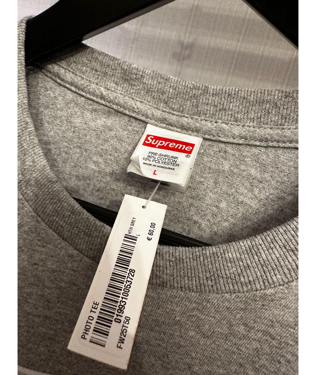 SUPREME Серая хлопковая футболка, фото 3