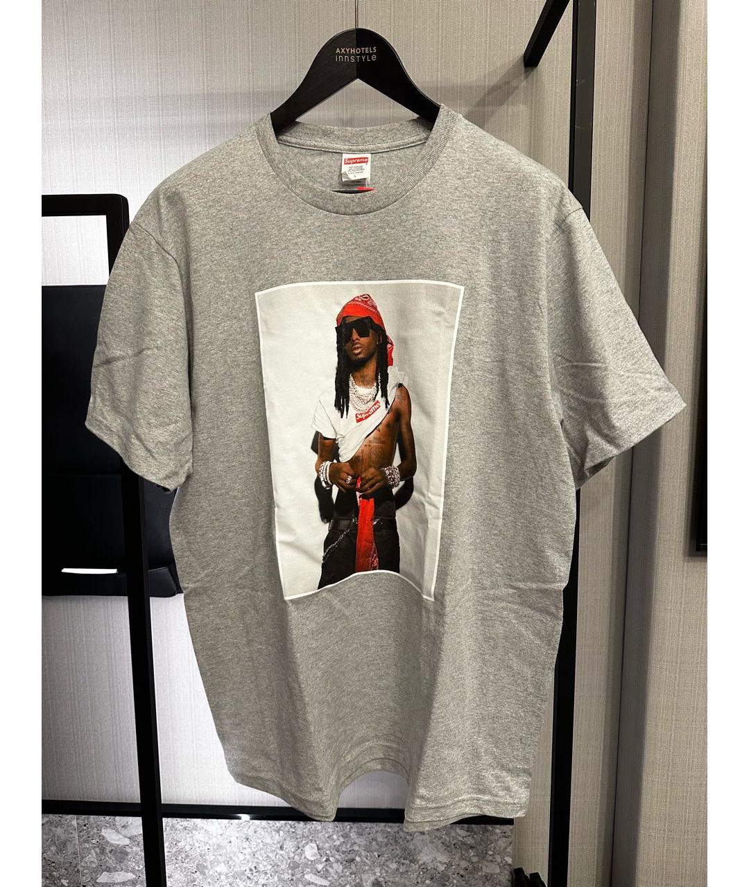 SUPREME Серая хлопковая футболка, фото 2
