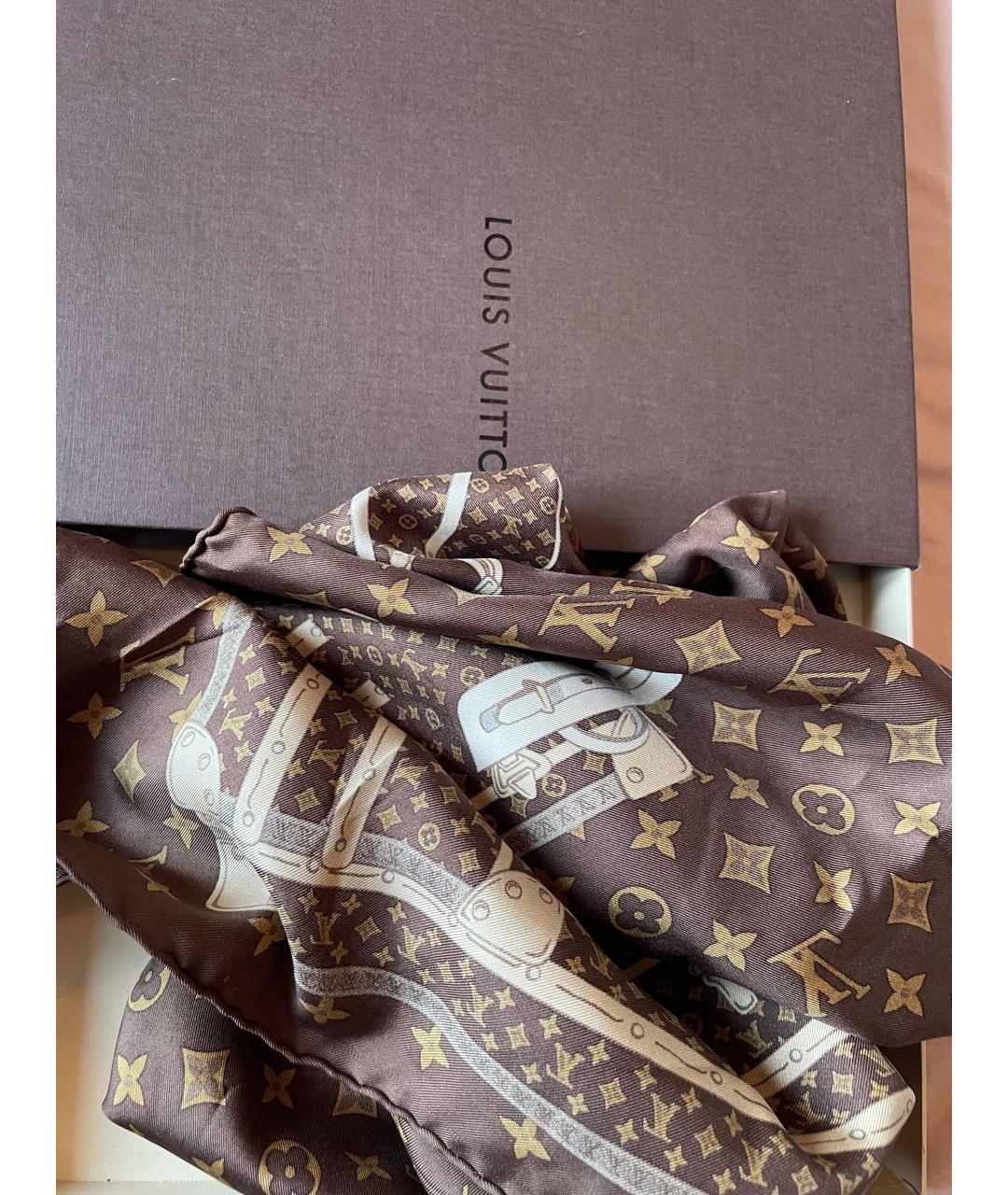 LOUIS VUITTON Коричневый шелковый платок, фото 4
