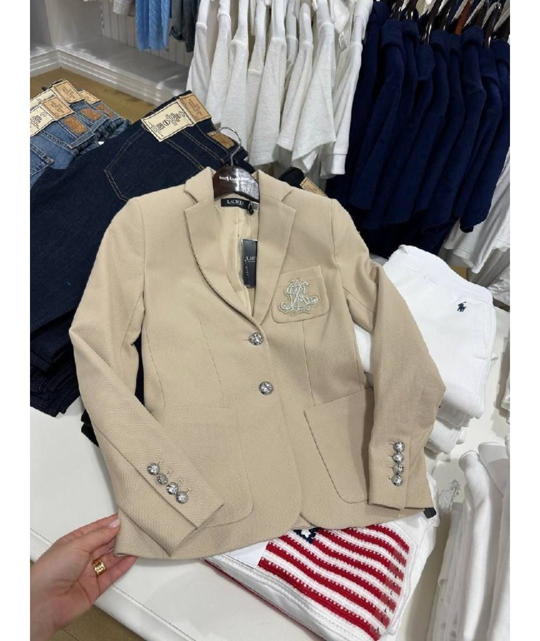 POLO RALPH LAUREN Бежевый хлопко-эластановый жакет/пиджак, фото 6
