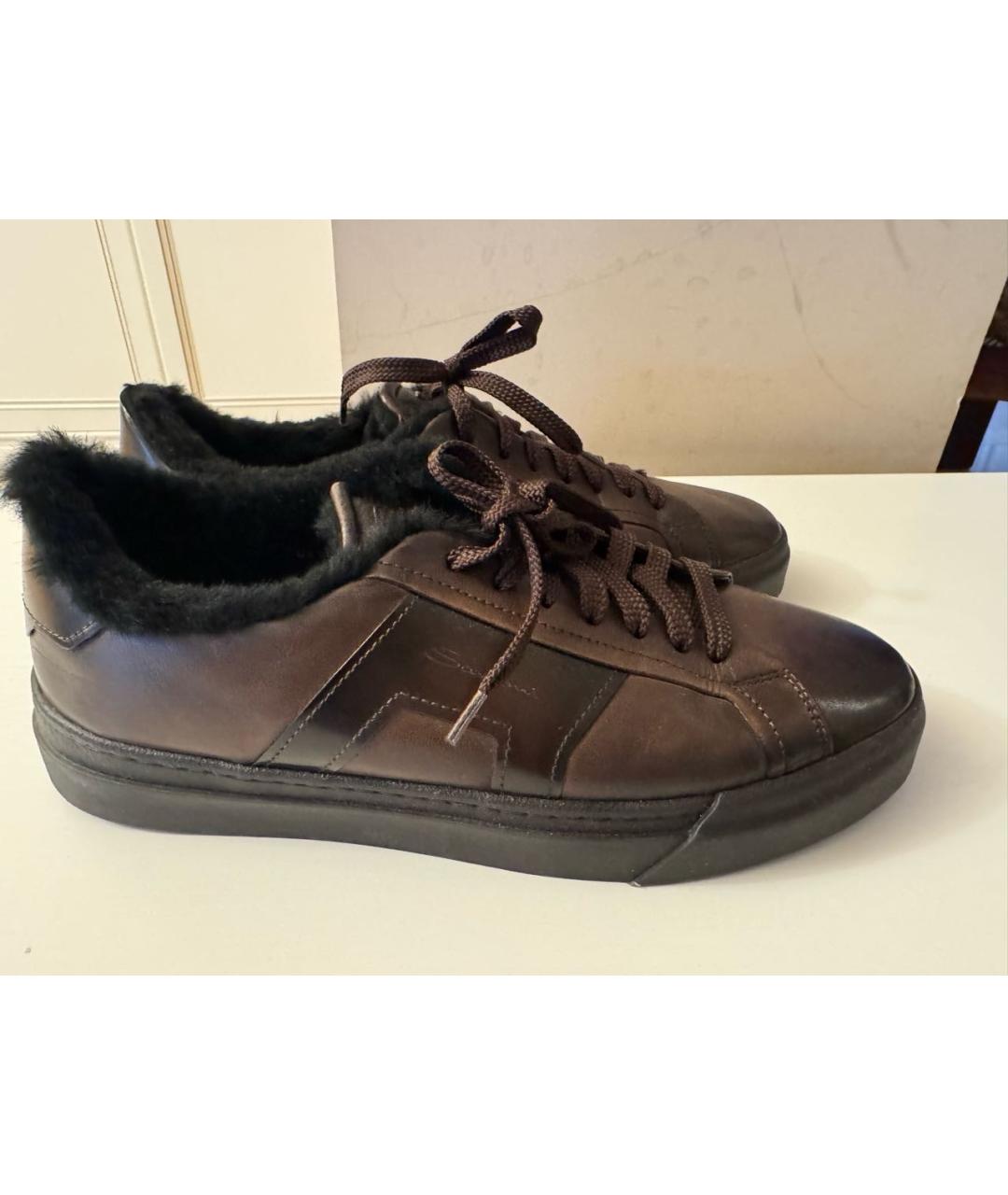 SANTONI Коричневые кожаные низкие кроссовки / кеды, фото 5