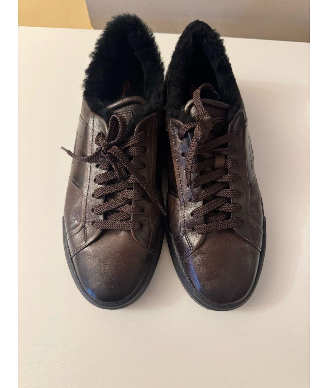 SANTONI Коричневые кожаные низкие кроссовки / кеды, фото 2