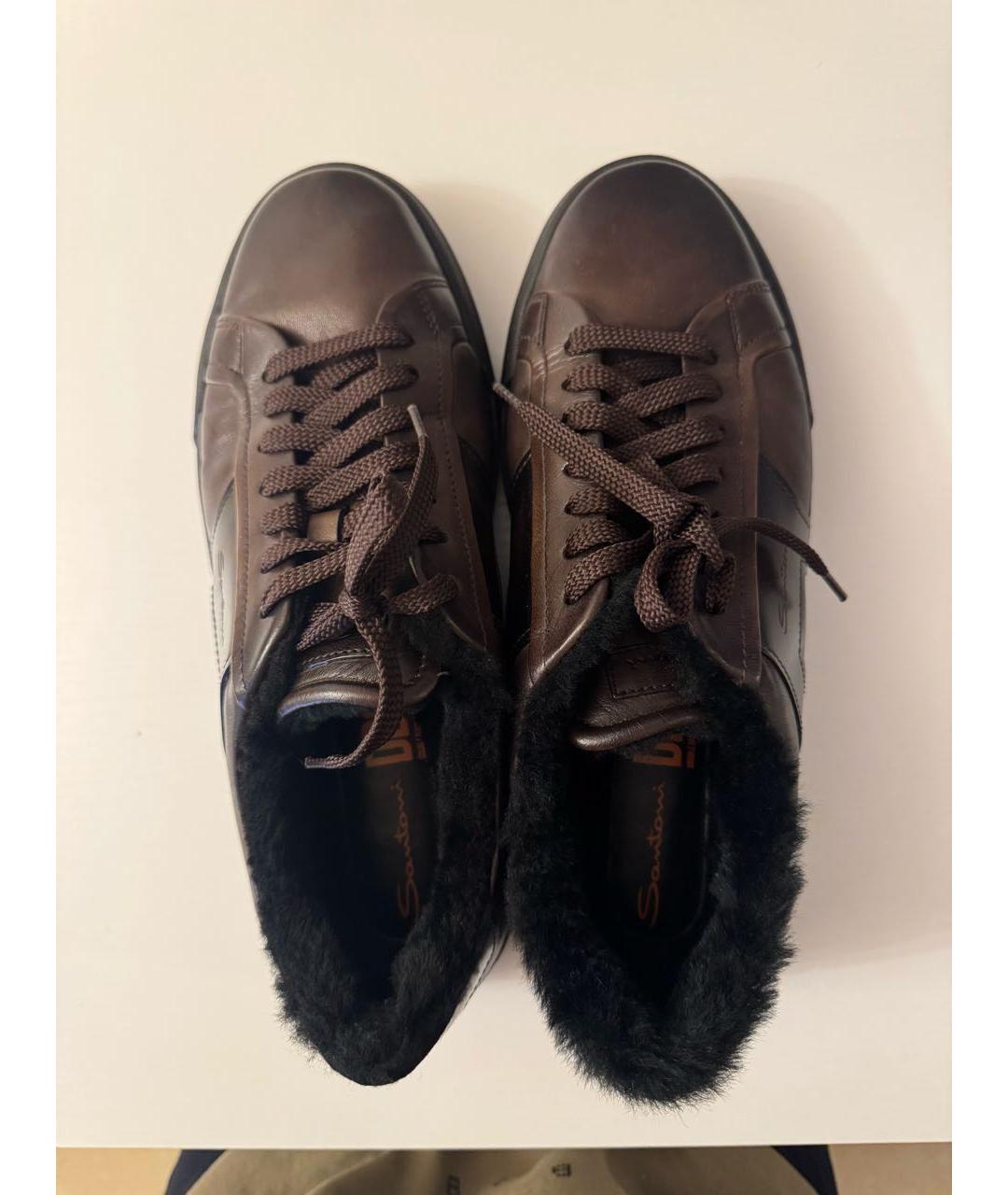 SANTONI Коричневые кожаные низкие кроссовки / кеды, фото 3
