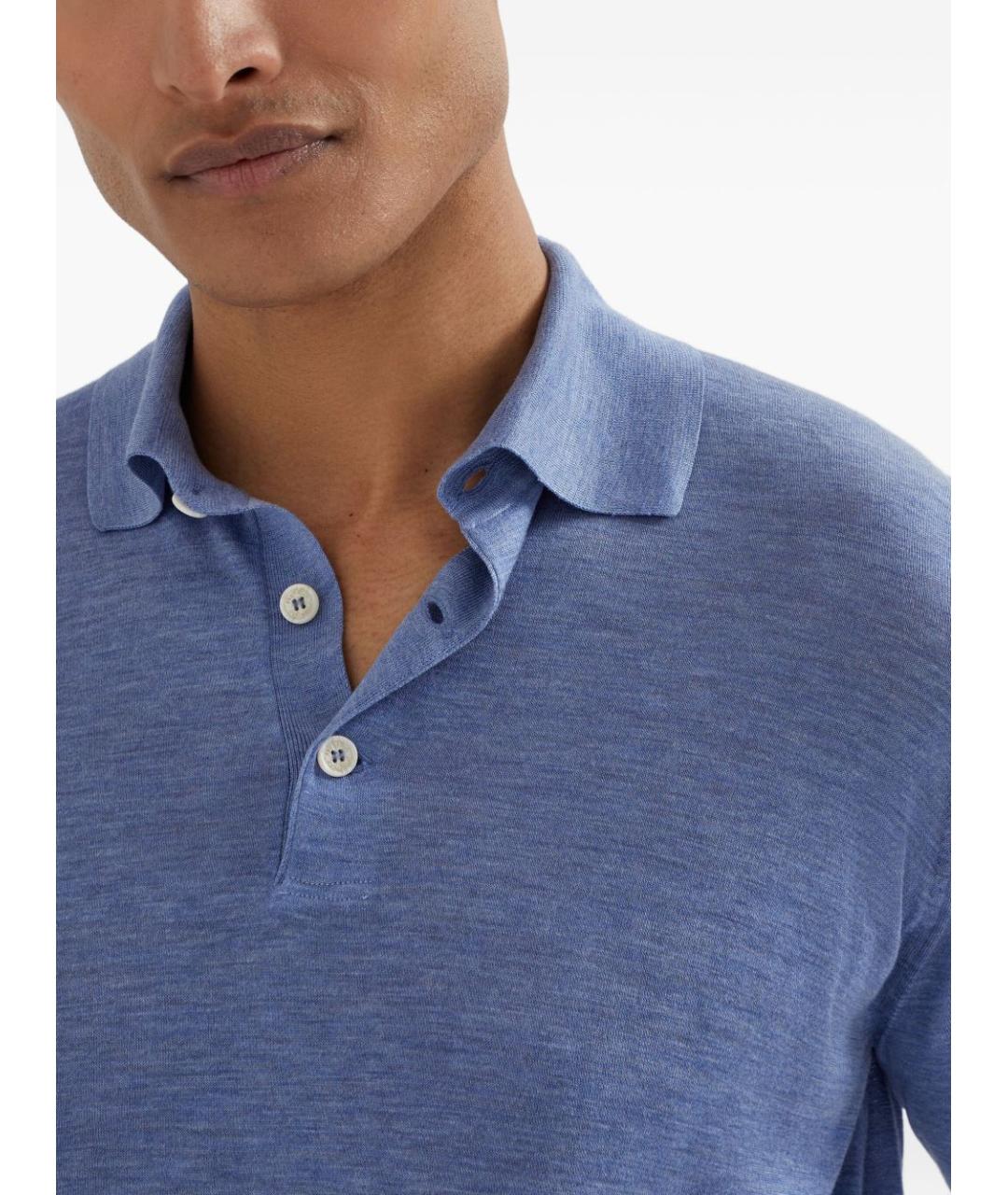 BRUNELLO CUCINELLI Голубое хлопковое поло с длинным рукавом, фото 2