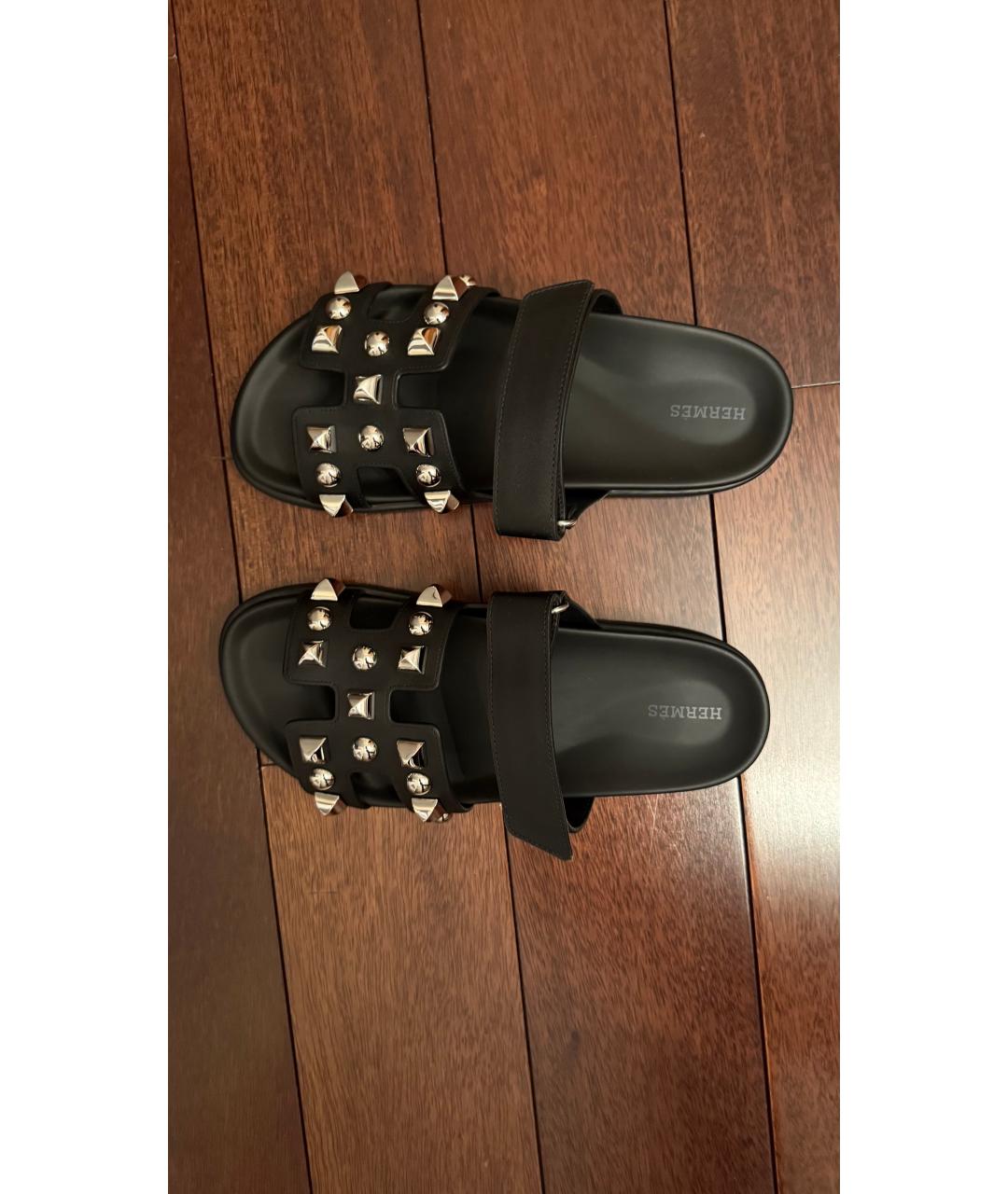 HERMES Черные кожаные шлепанцы, фото 2
