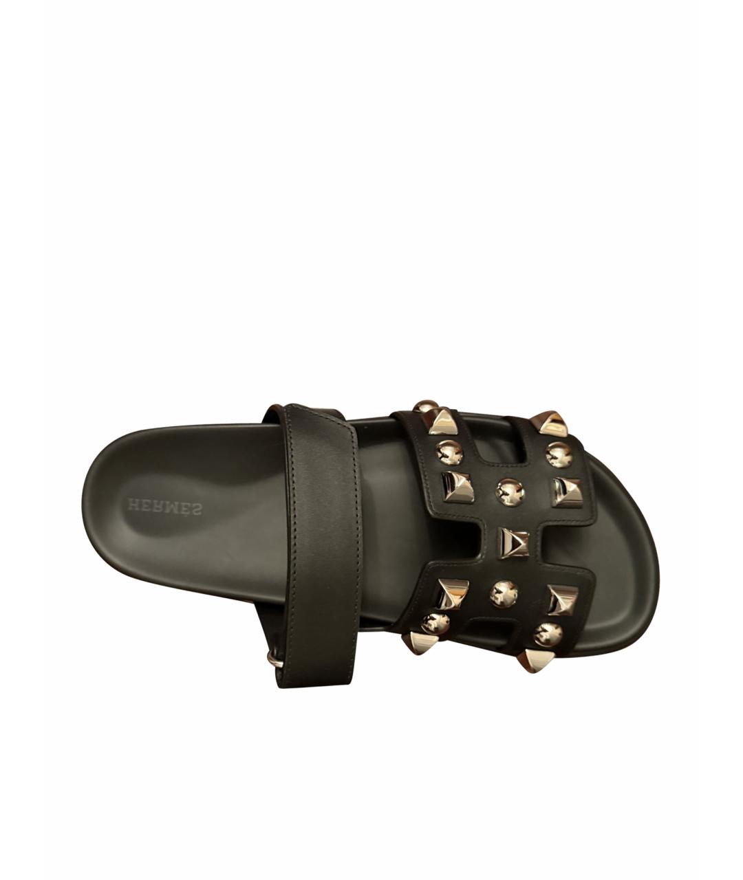 HERMES Черные кожаные шлепанцы, фото 1