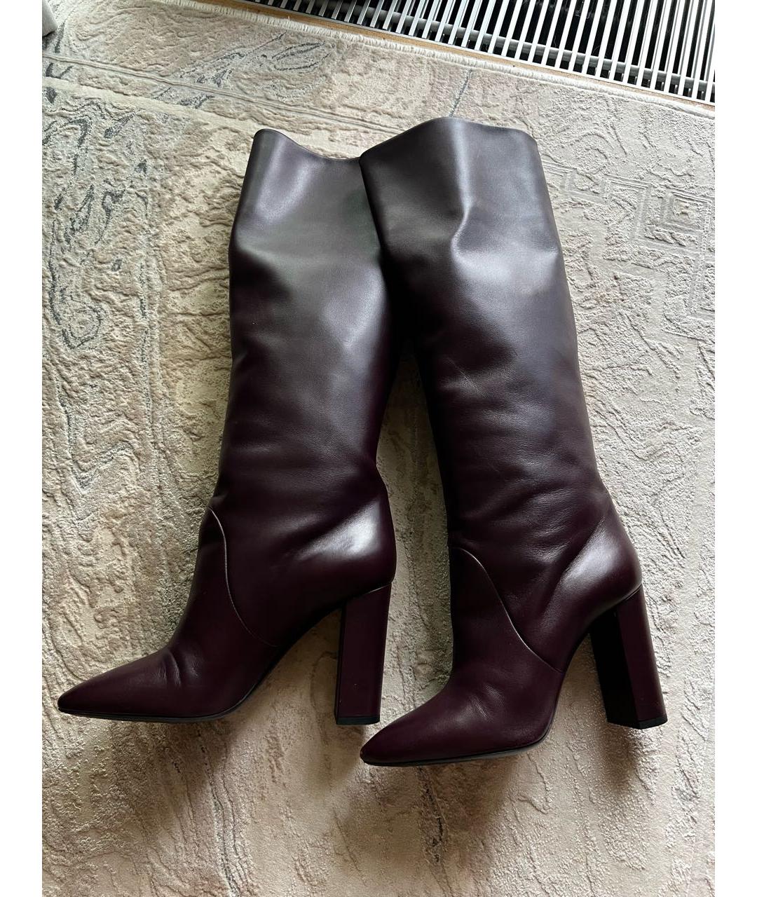 SAINT LAURENT Бордовые кожаные сапоги, фото 3