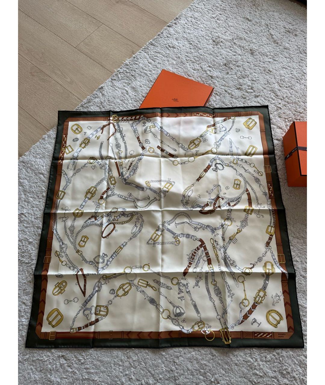 HERMES Бежевый шелковый платок, фото 8