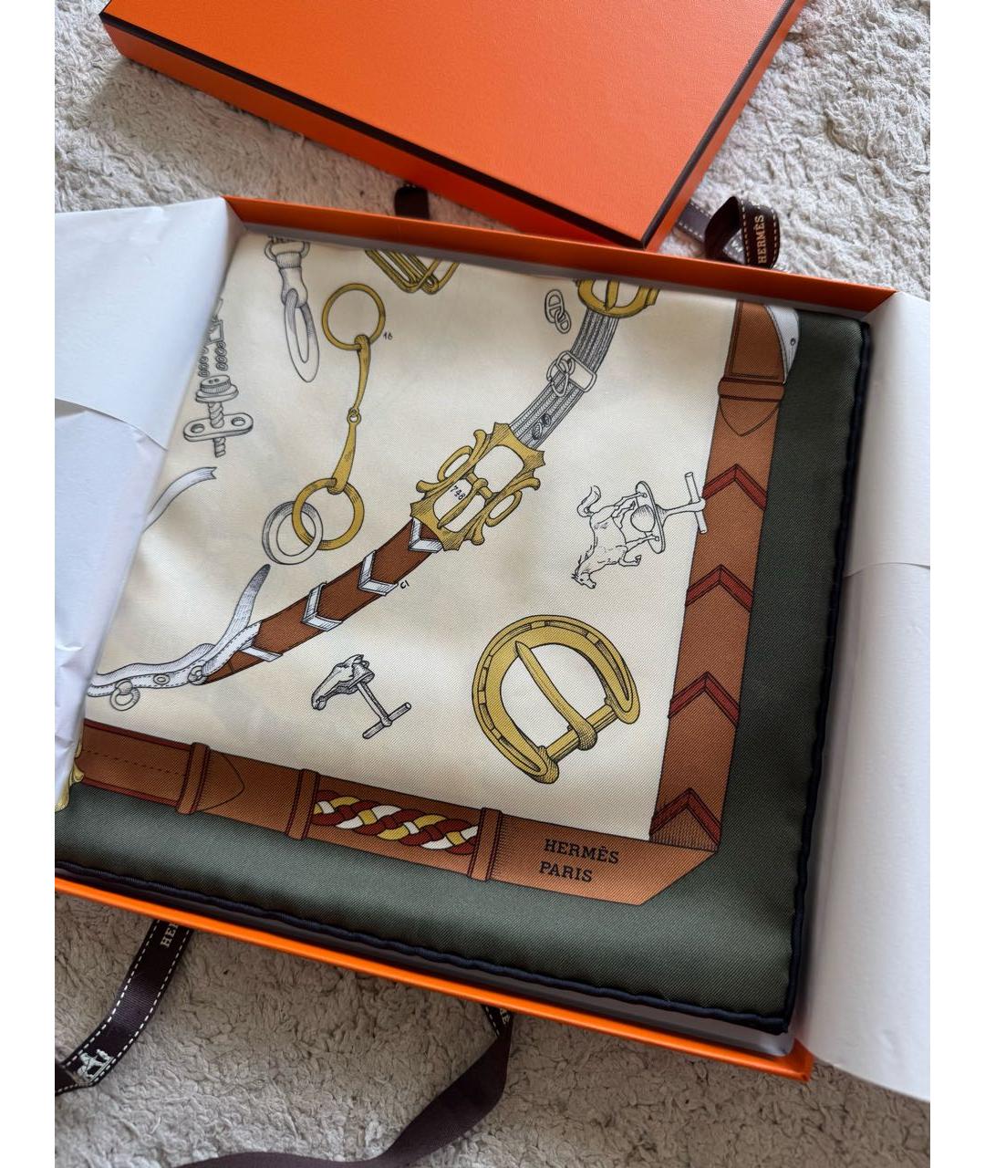 HERMES Бежевый шелковый платок, фото 2