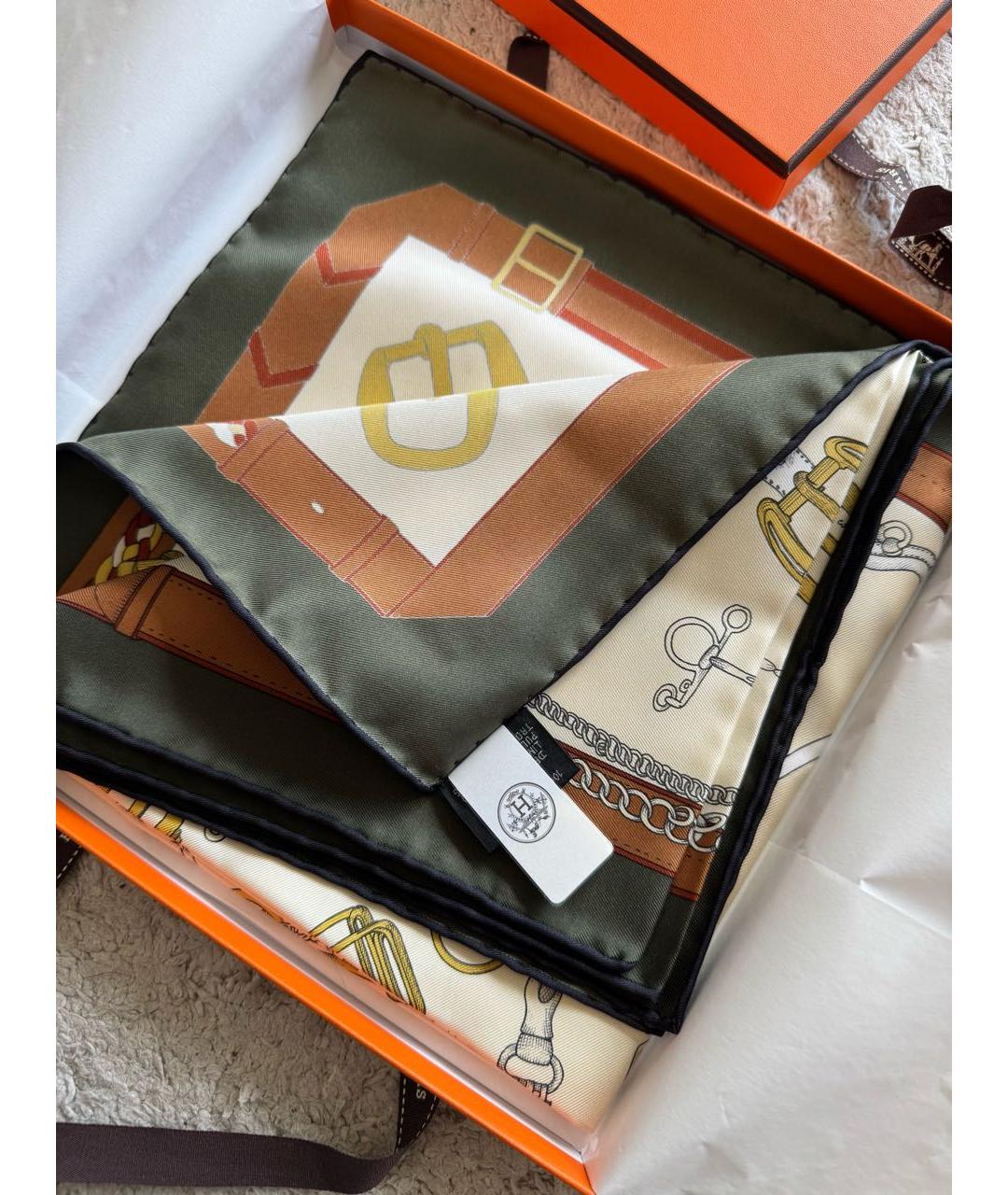 HERMES Бежевый шелковый платок, фото 5