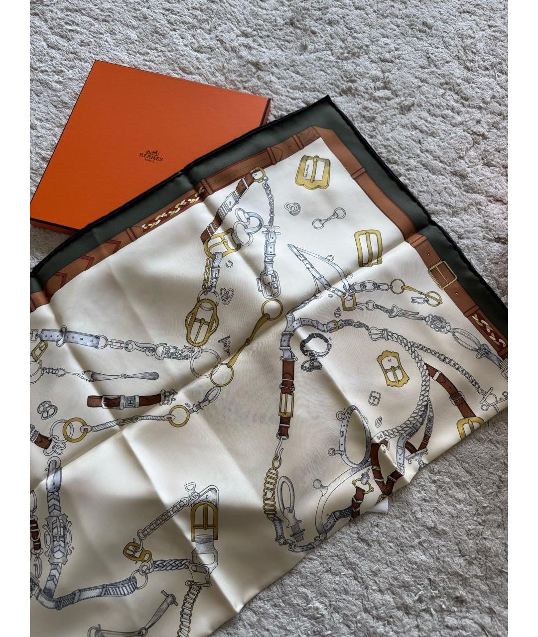 HERMES Бежевый шелковый платок, фото 6