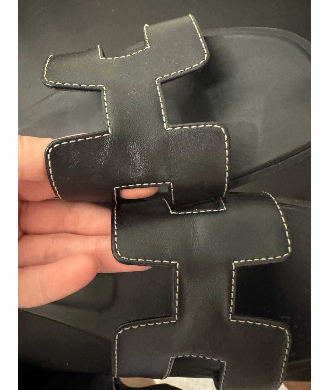 HERMES Черные кожаные шлепанцы, фото 3