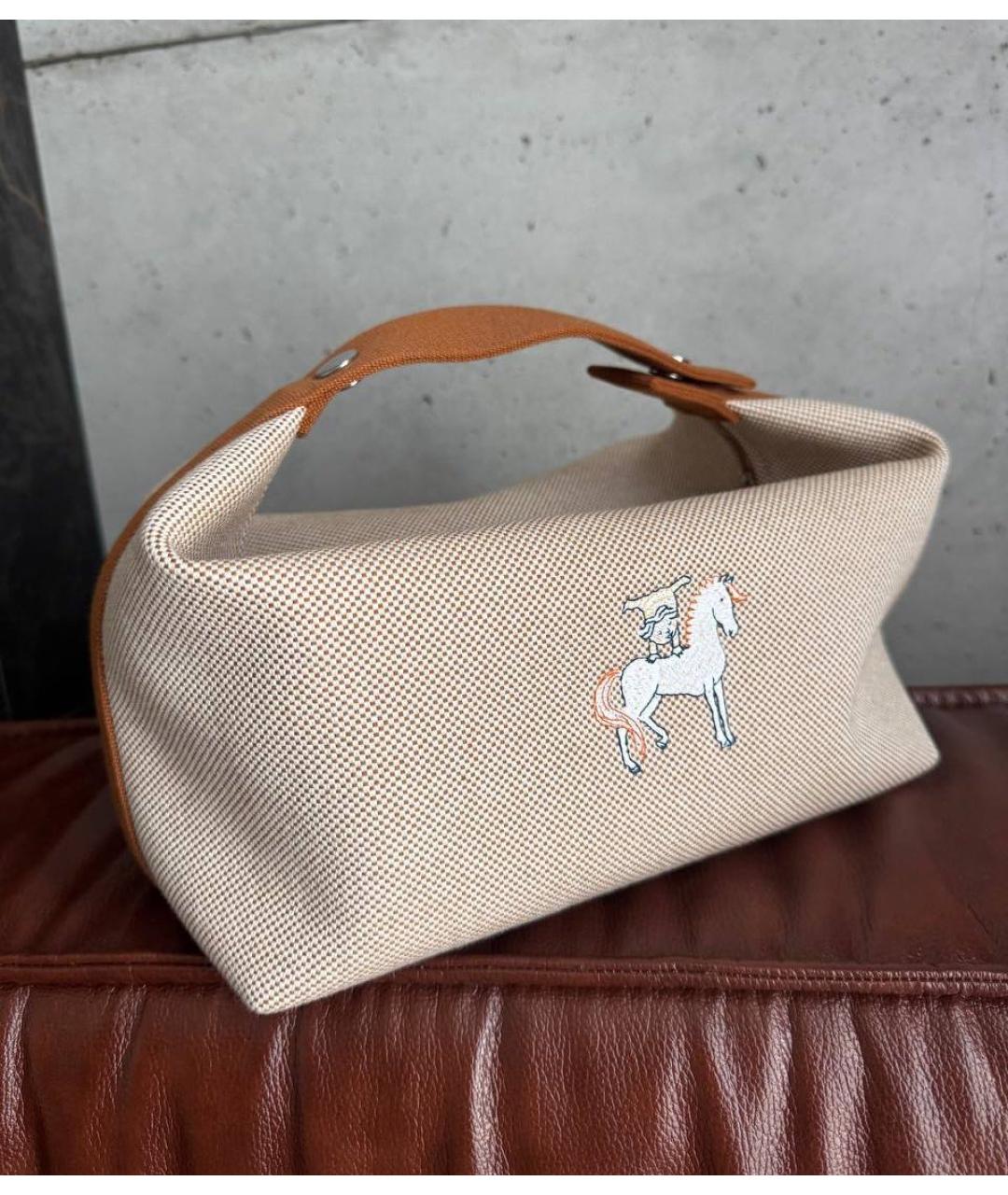 HERMES Бежевая льняная косметичка, фото 5