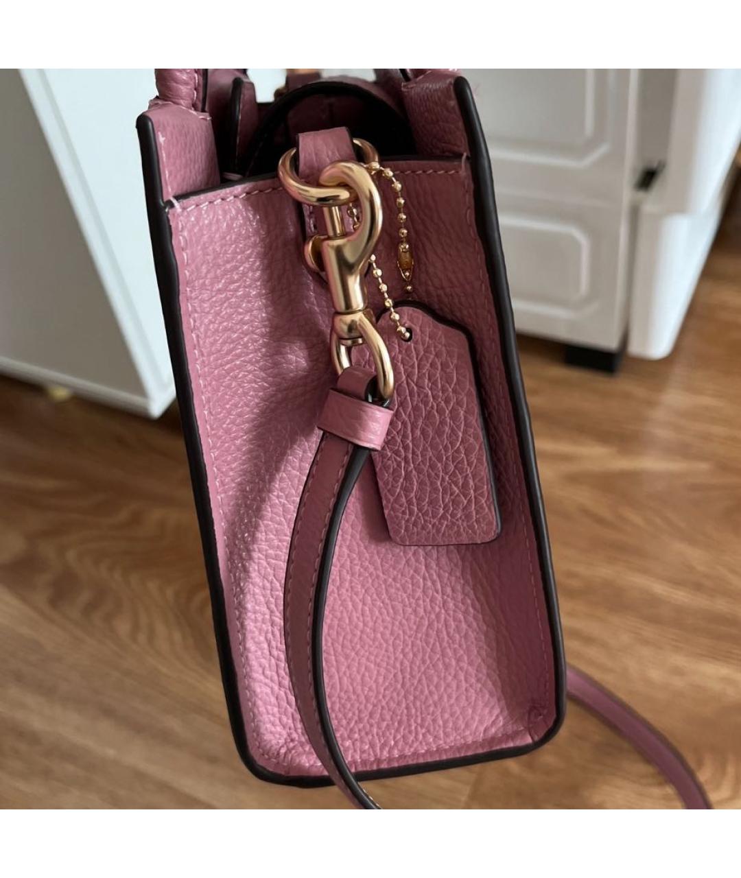 COACH Коралловая кожаная сумка с короткими ручками, фото 4