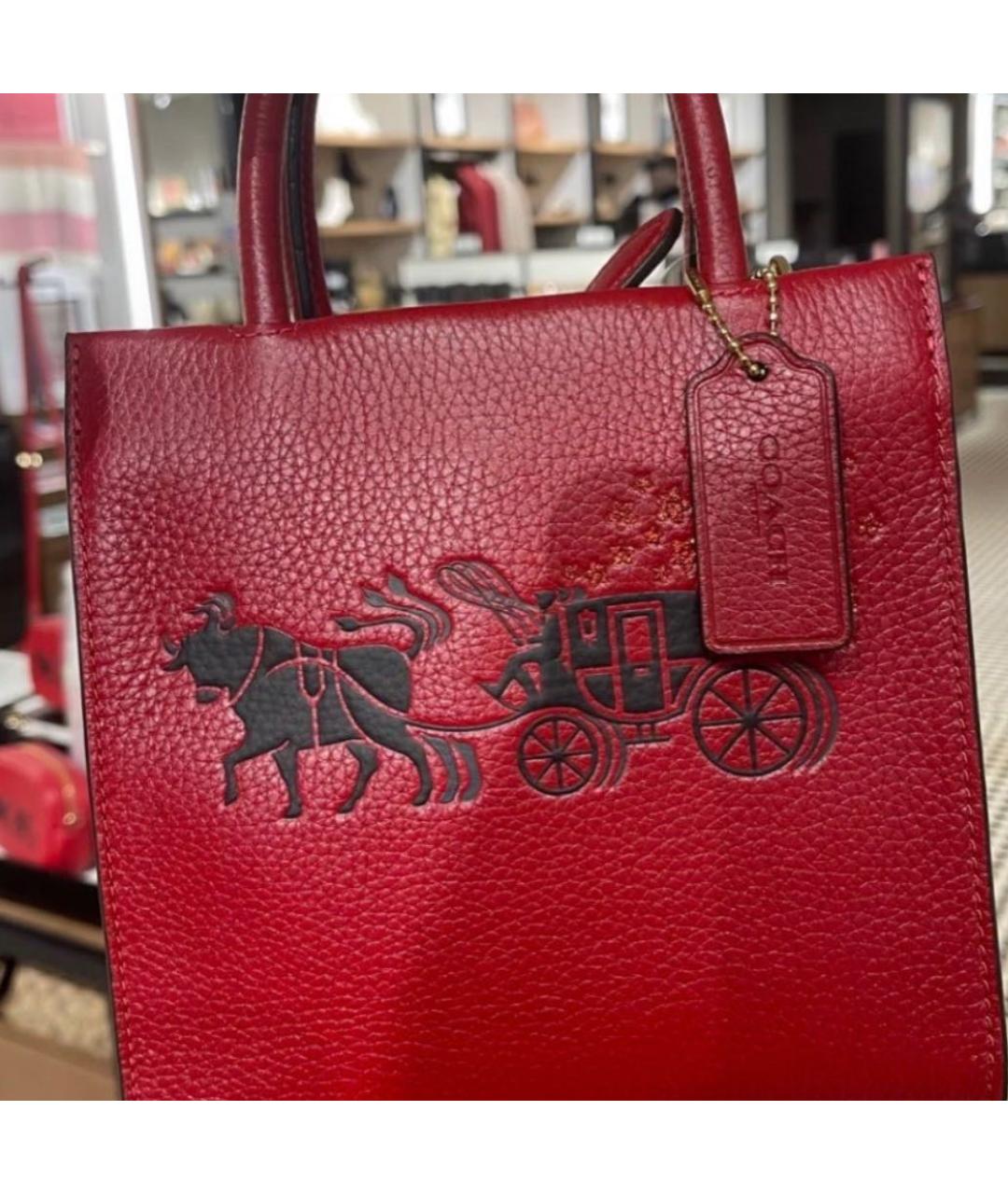 COACH Бордовая кожаная сумка с короткими ручками, фото 3