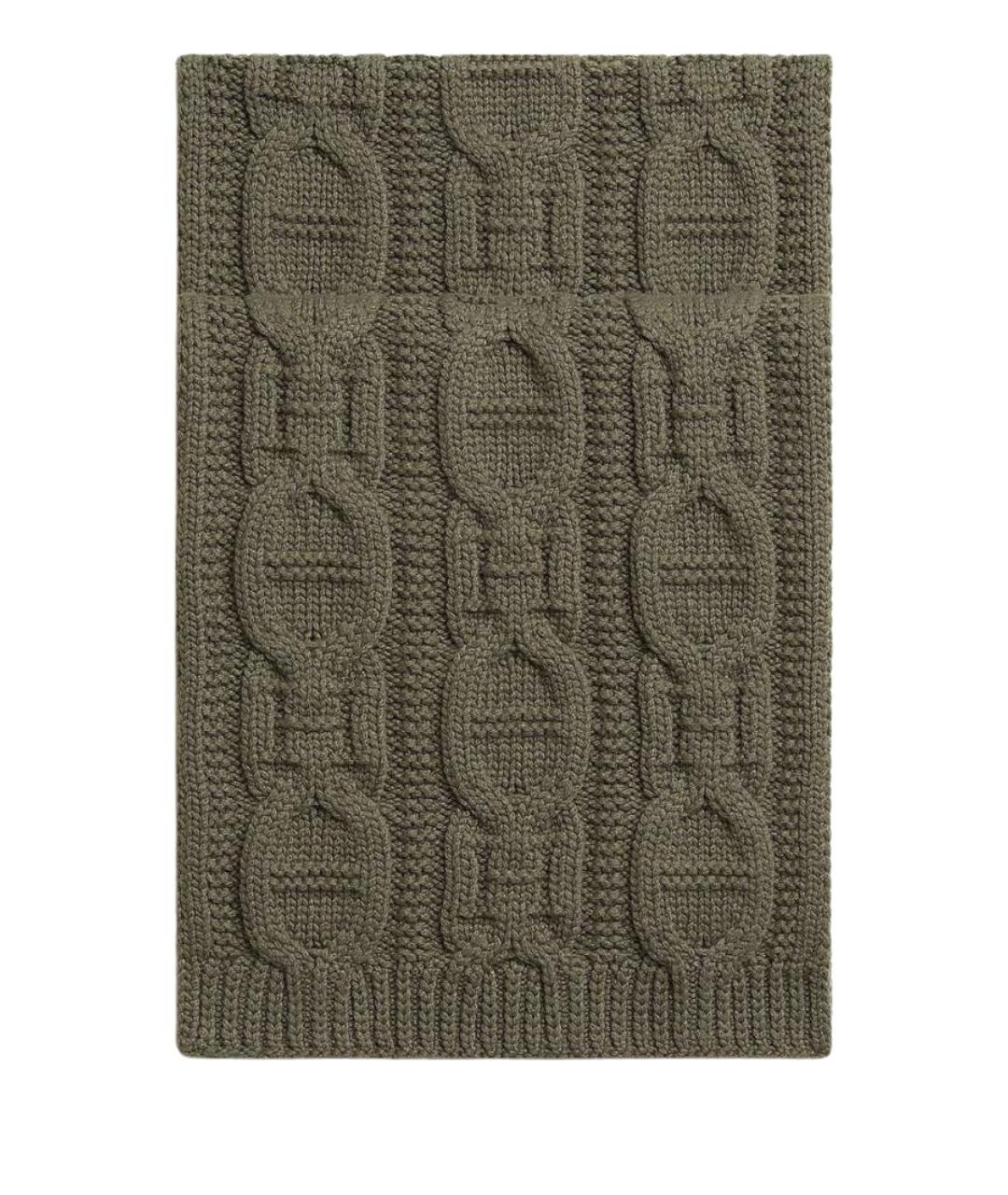 HERMES Хаки кашемировый шарф, фото 1