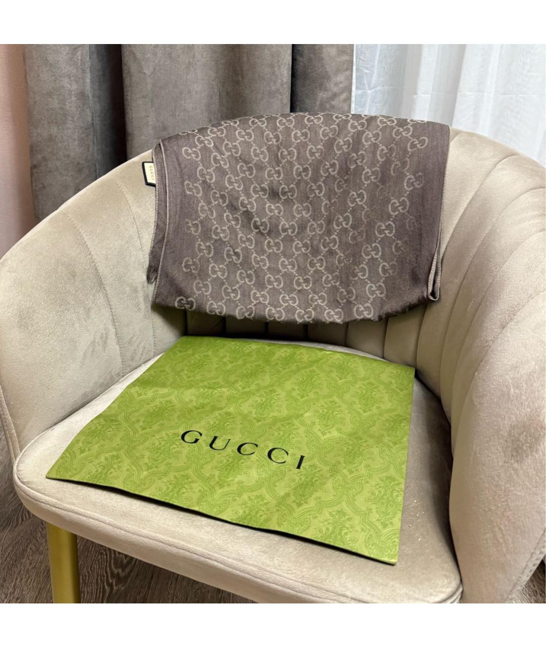 GUCCI Серый шелковый шарф, фото 3