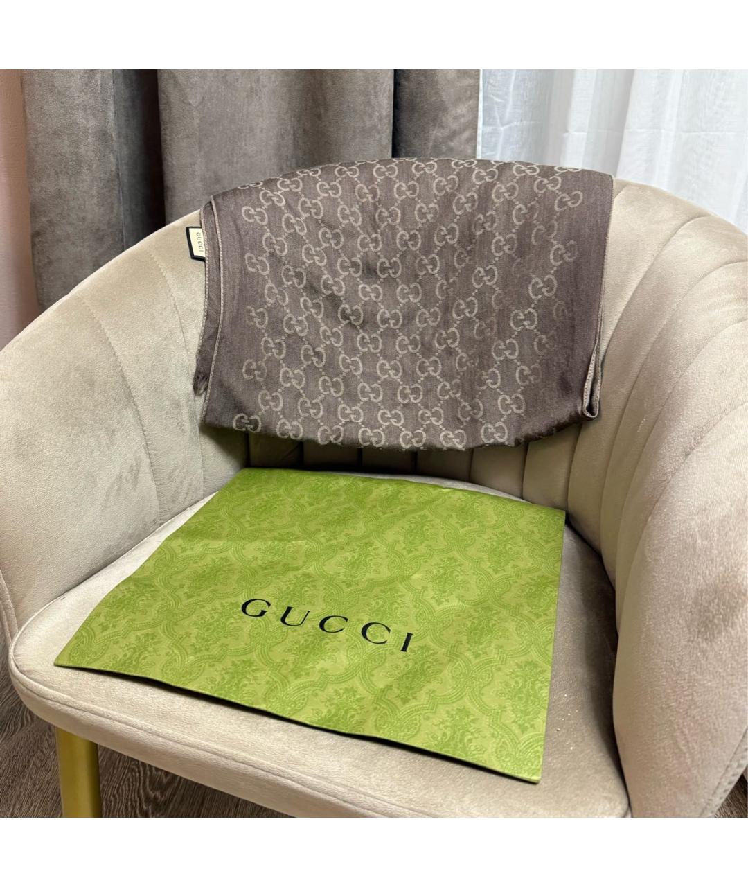 GUCCI Серый шелковый шарф, фото 2