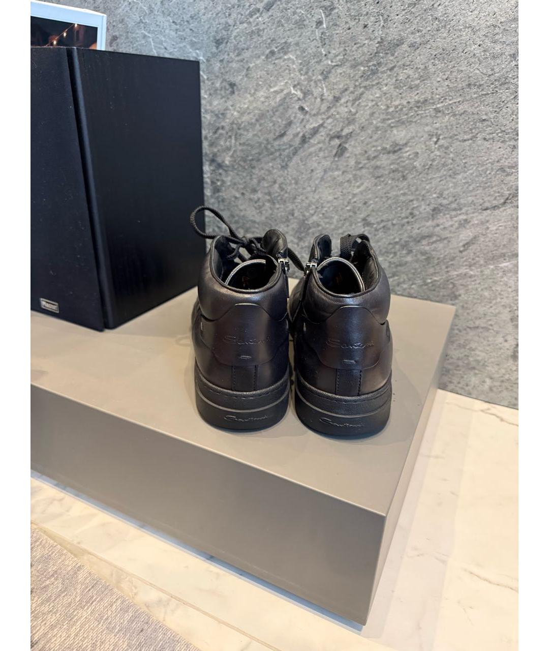 SANTONI Черные кожаные высокие кроссовки / кеды, фото 3