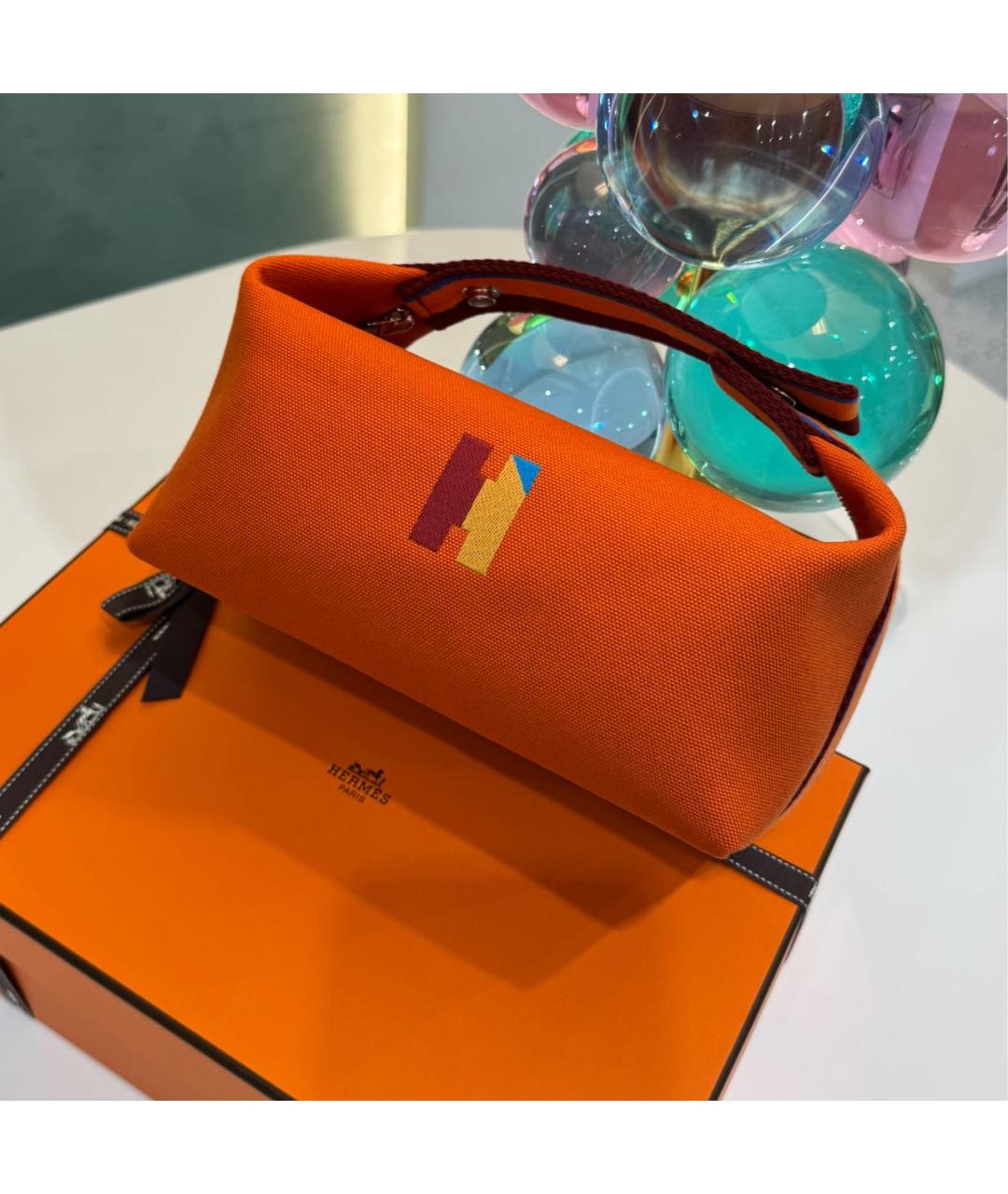 HERMES Оранжевая тканевая косметичка, фото 7