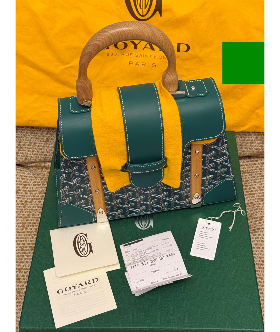 GOYARD Зеленая кожаная сумка с короткими ручками, фото 2